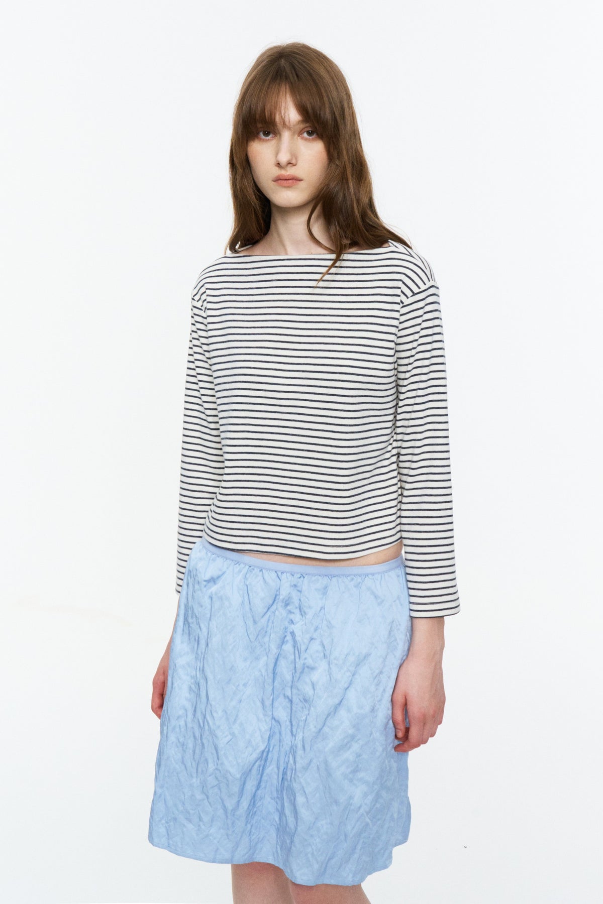 Boat-Neck Striped Bracelet-Sleeve Top Blue and White Stripe