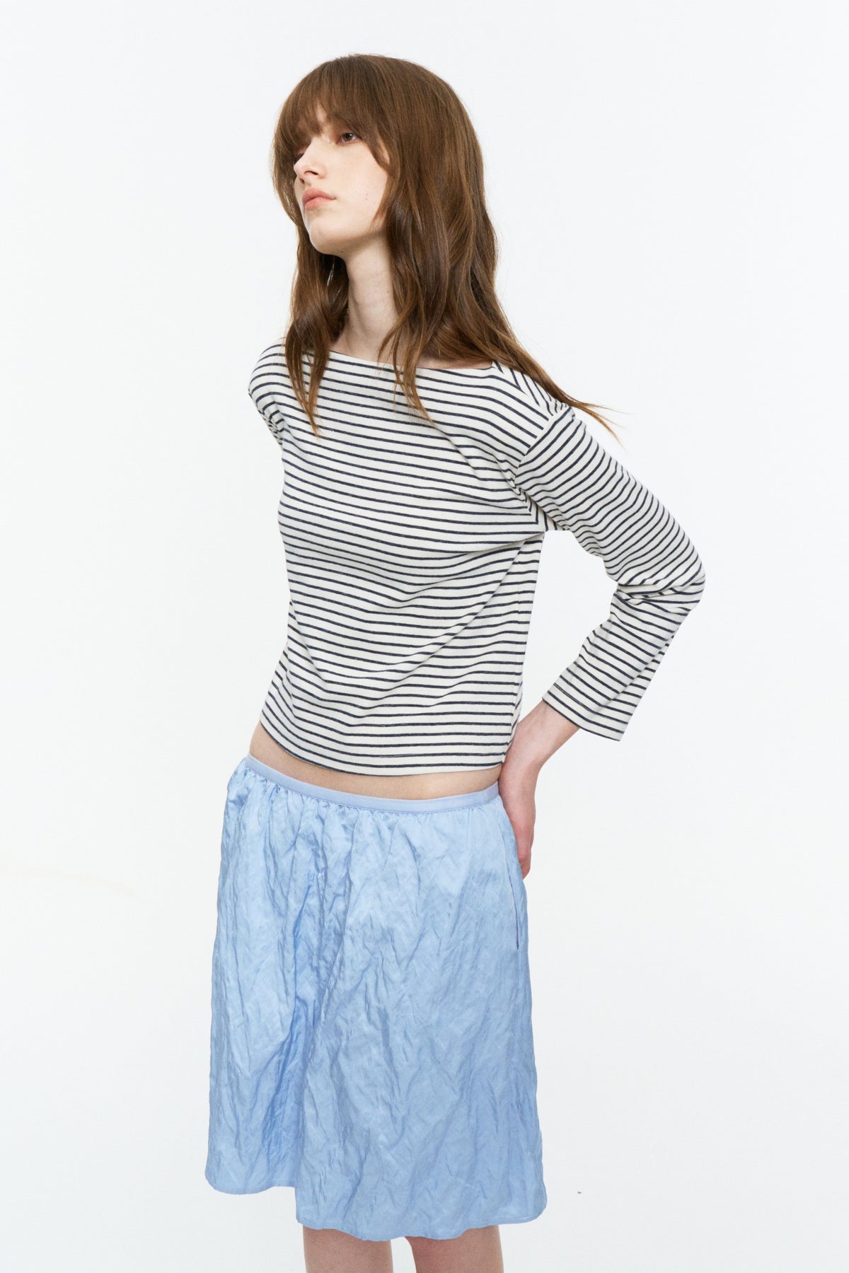 Boat-Neck Striped Bracelet-Sleeve Top Blue and White Stripe