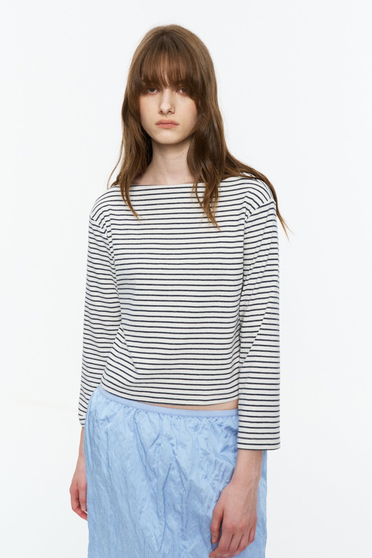 Boat-Neck Striped Bracelet-Sleeve Top Blue and White Stripe