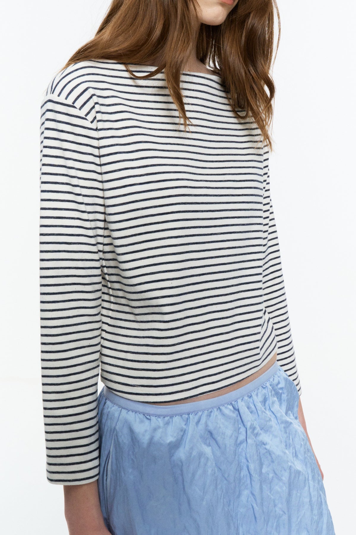 Boat-Neck Striped Bracelet-Sleeve Top Blue and White Stripe