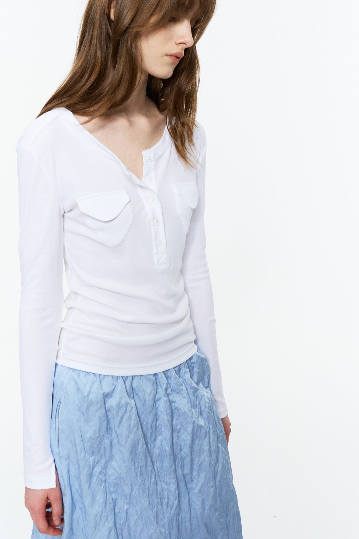 Patch-Pocket Henley Long-Sleeve Tee Cloud White