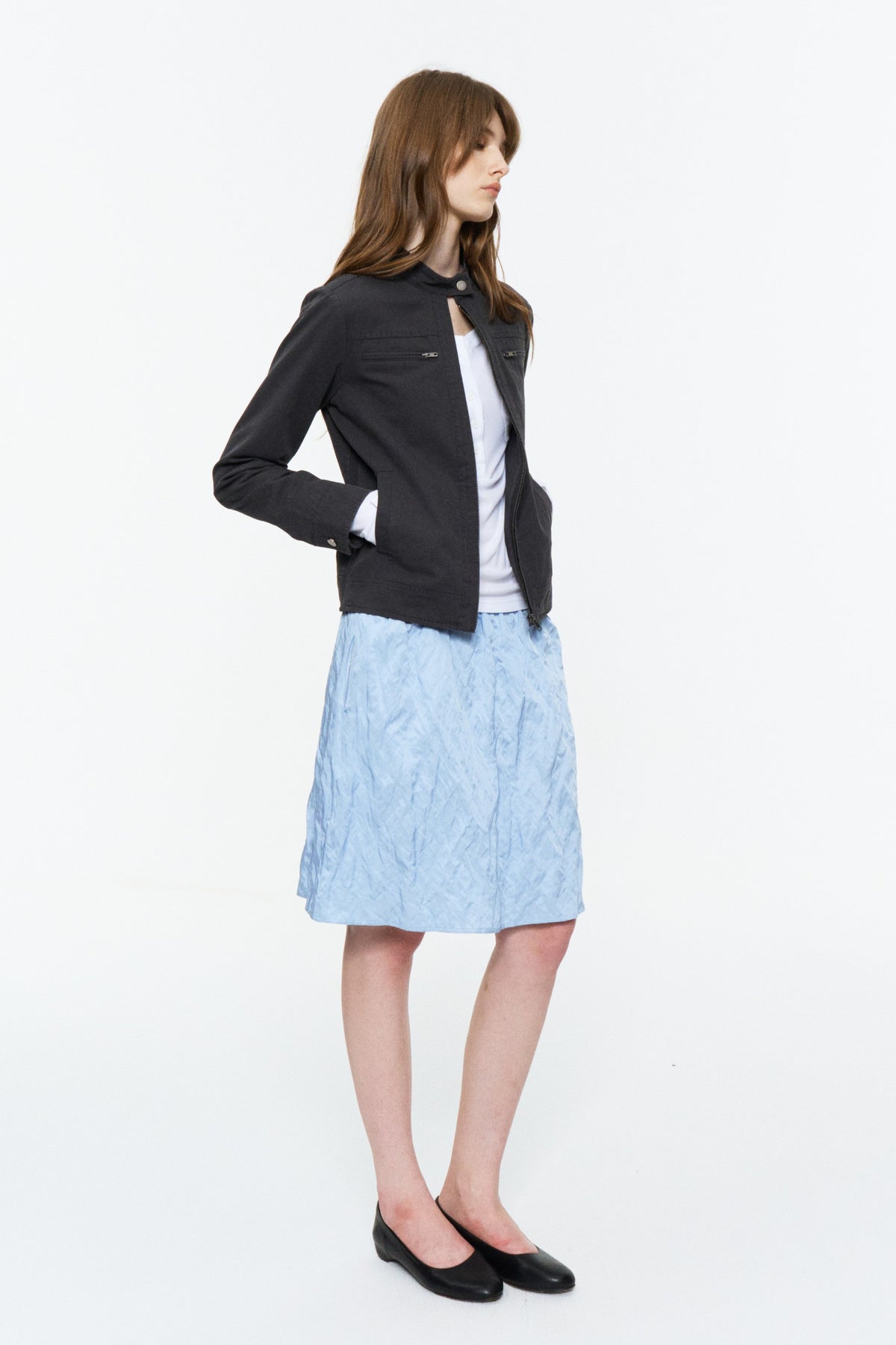 Cropped Stand-Collar Moto Jacket Dark Gray
