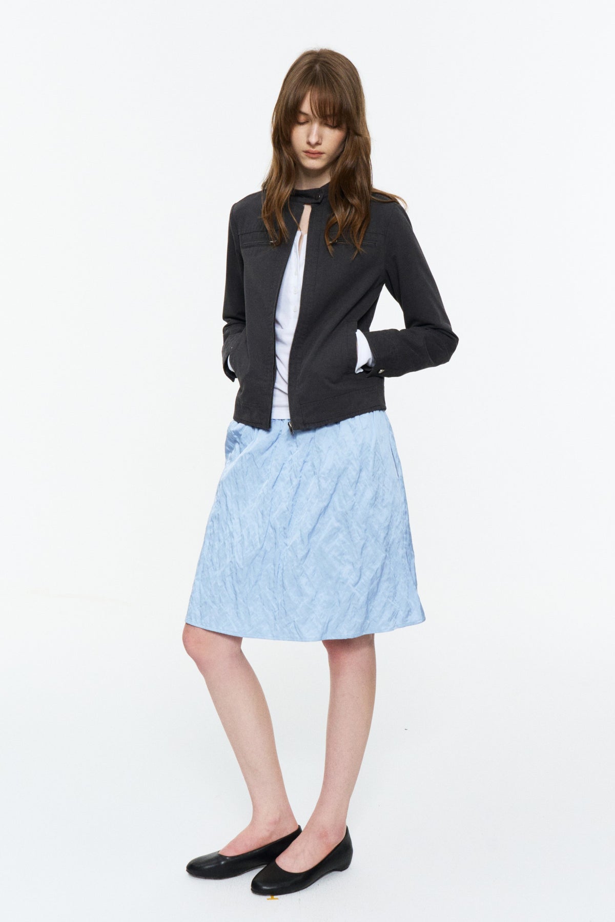 Cropped Stand-Collar Moto Jacket Dark Gray