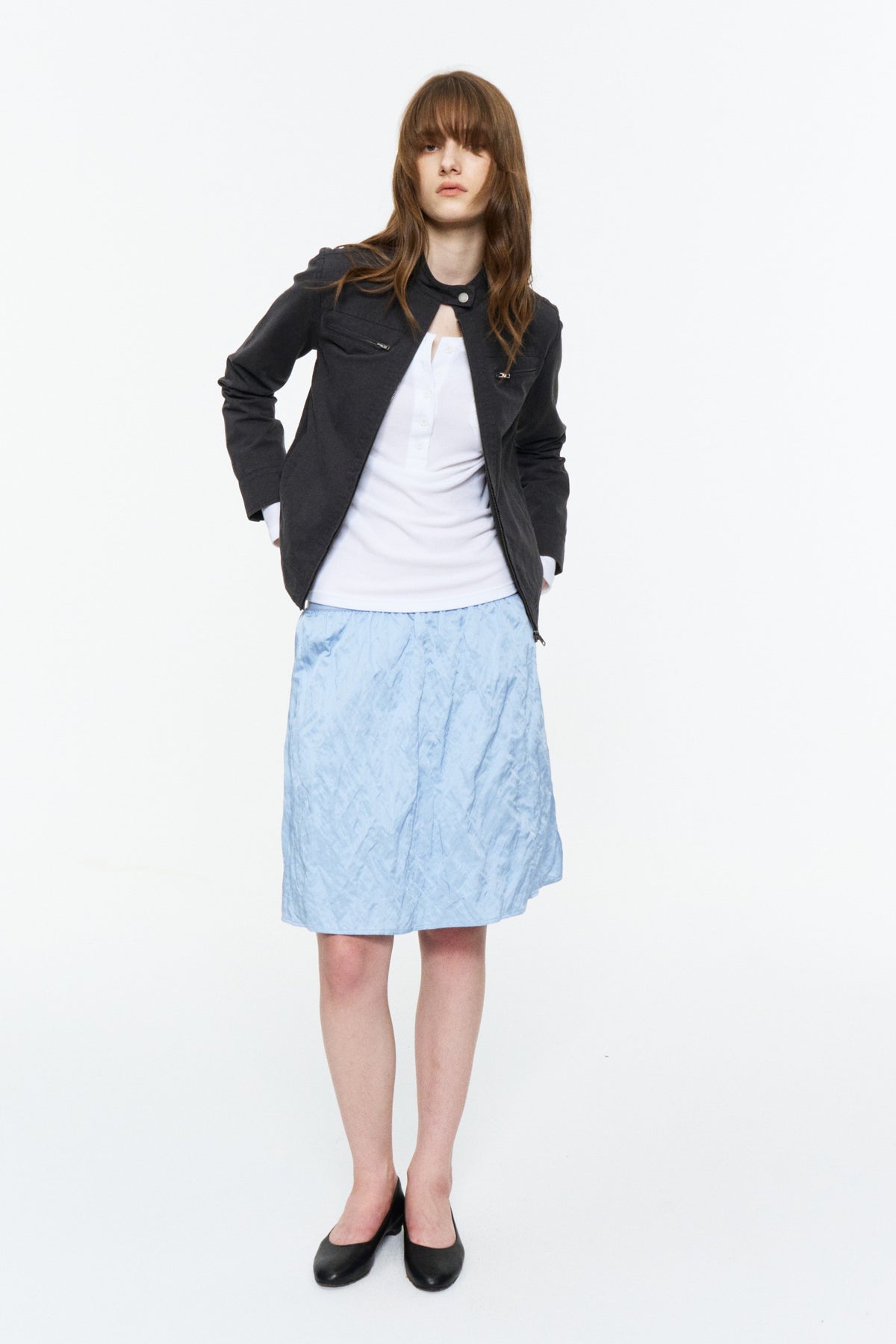 Cropped Stand-Collar Moto Jacket Dark Gray