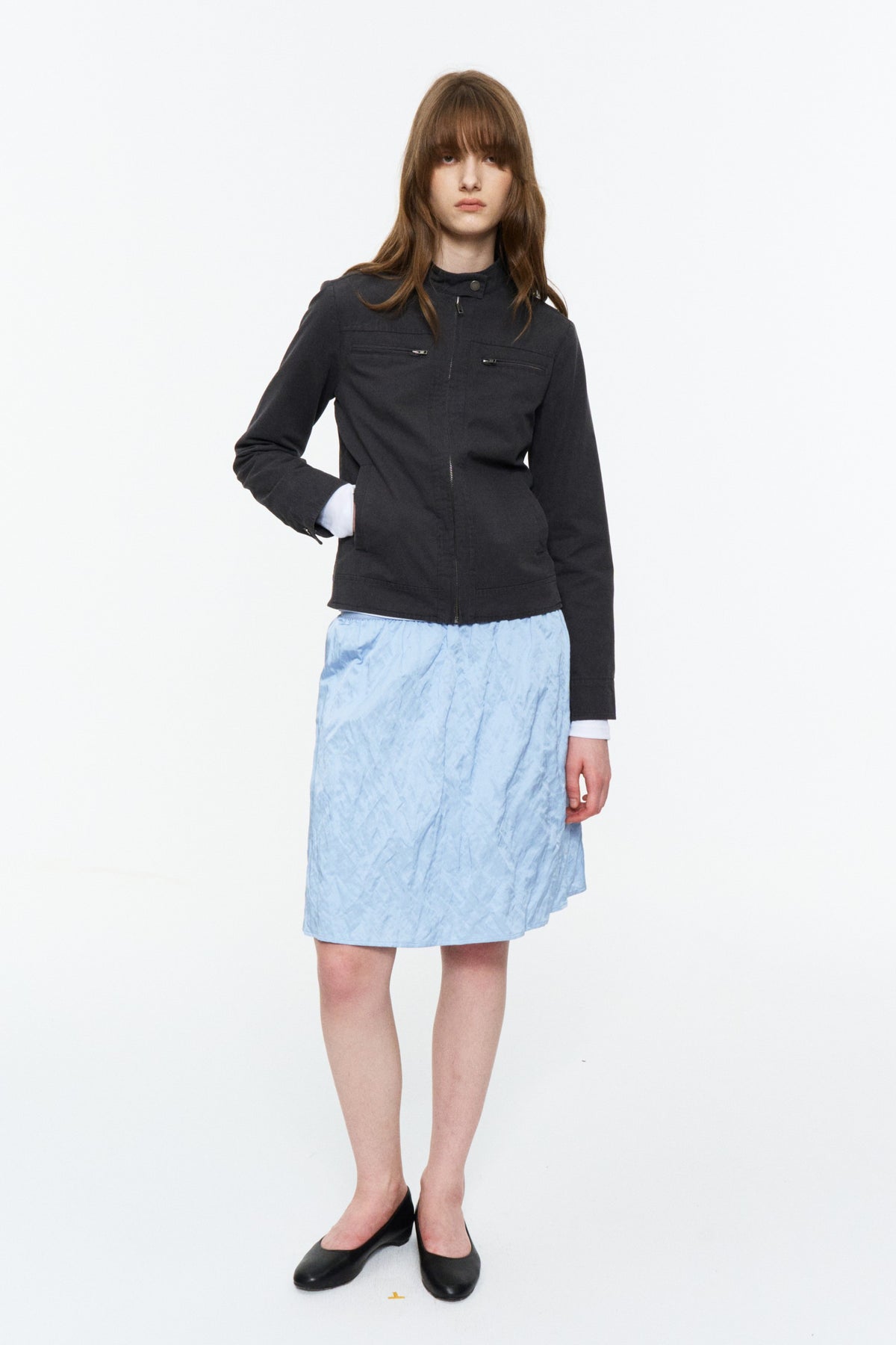 Cropped Stand-Collar Moto Jacket Dark Gray