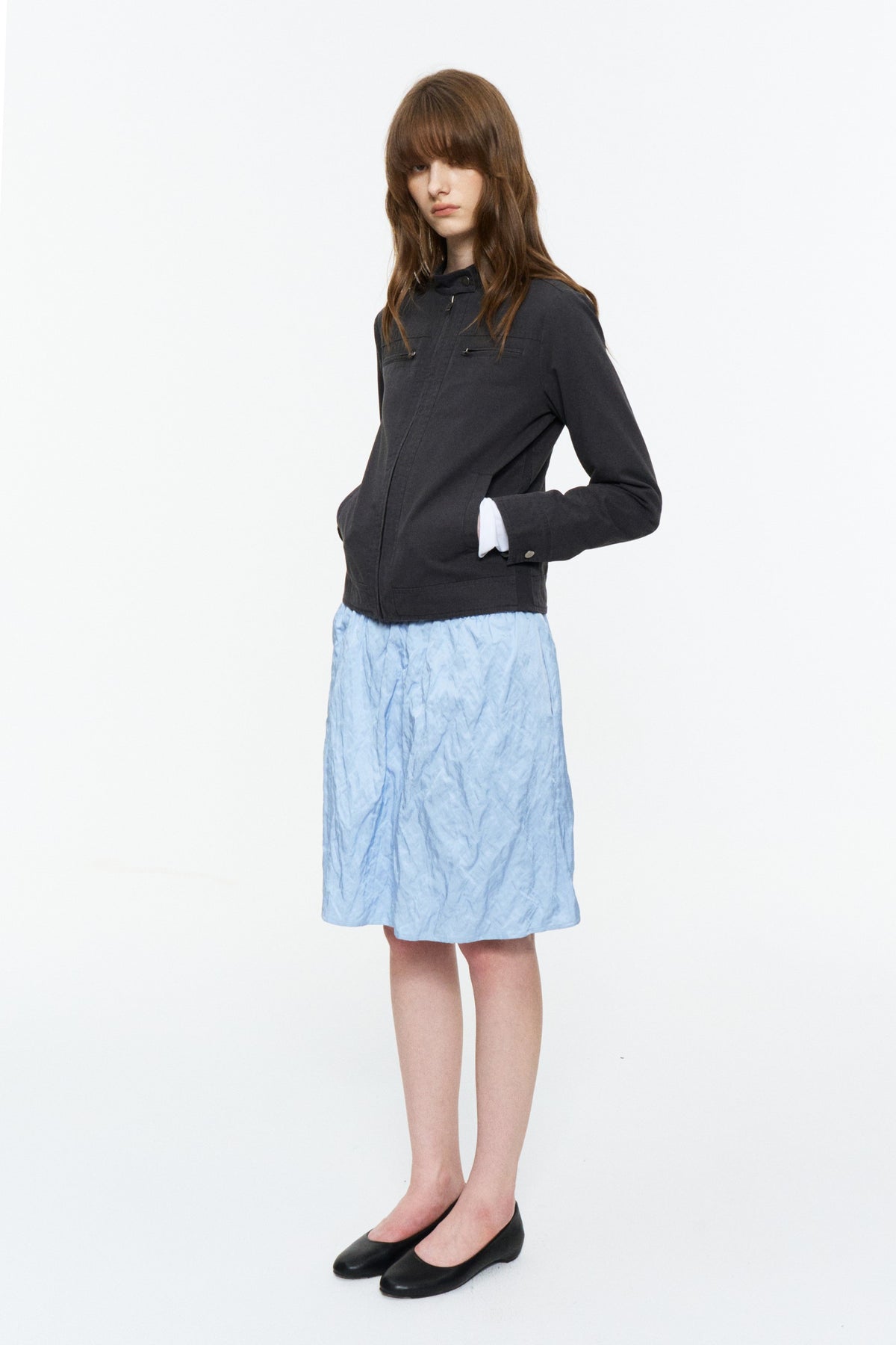 Cropped Stand-Collar Moto Jacket Dark Gray