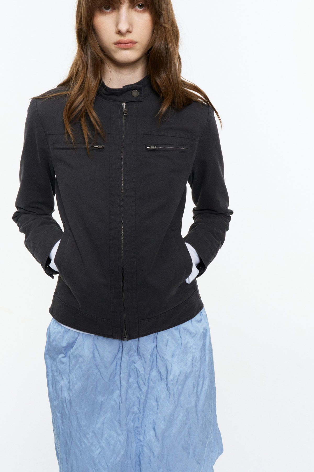 Cropped Stand-Collar Moto Jacket Dark Gray