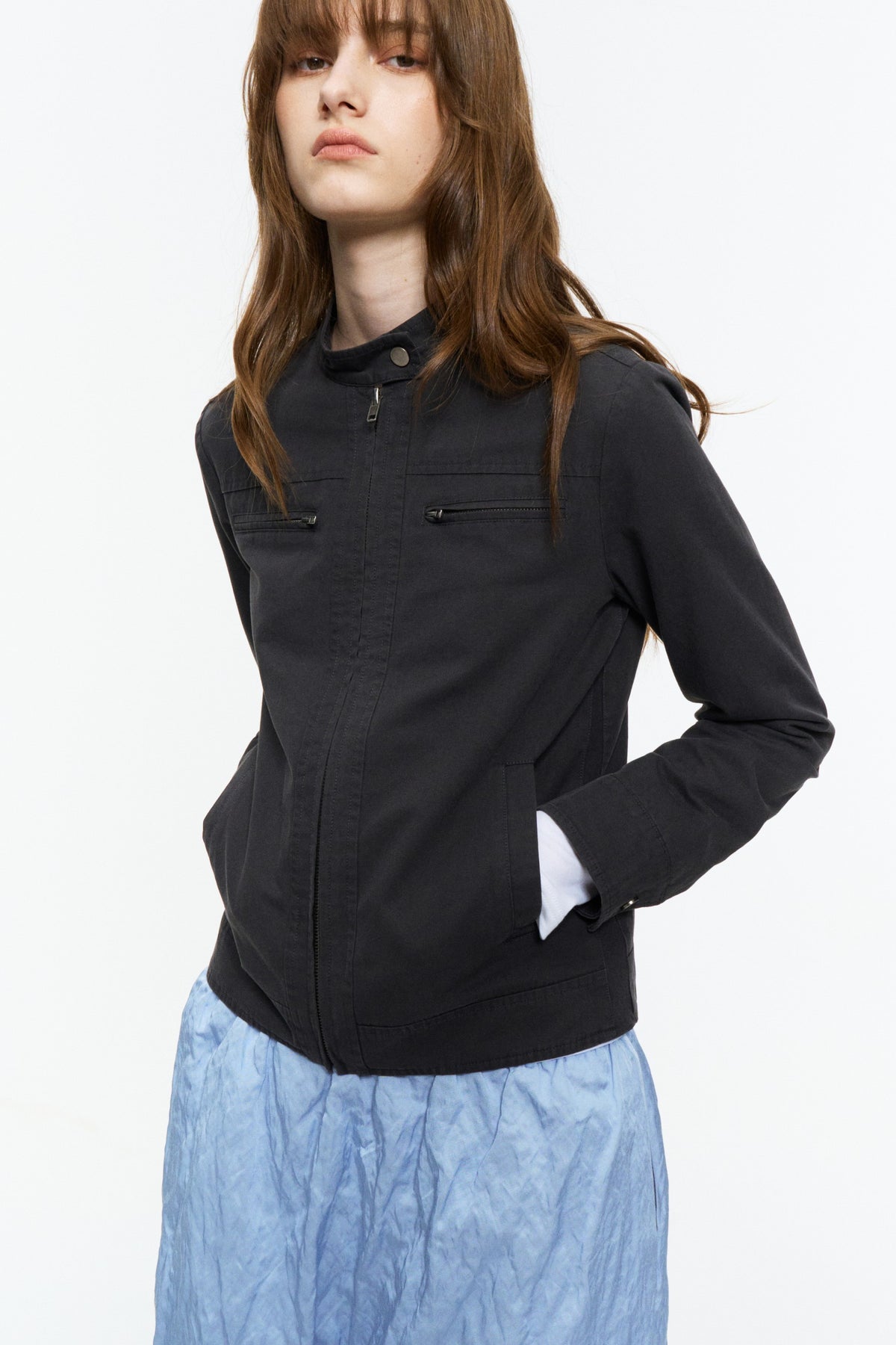 Cropped Stand-Collar Moto Jacket Dark Gray