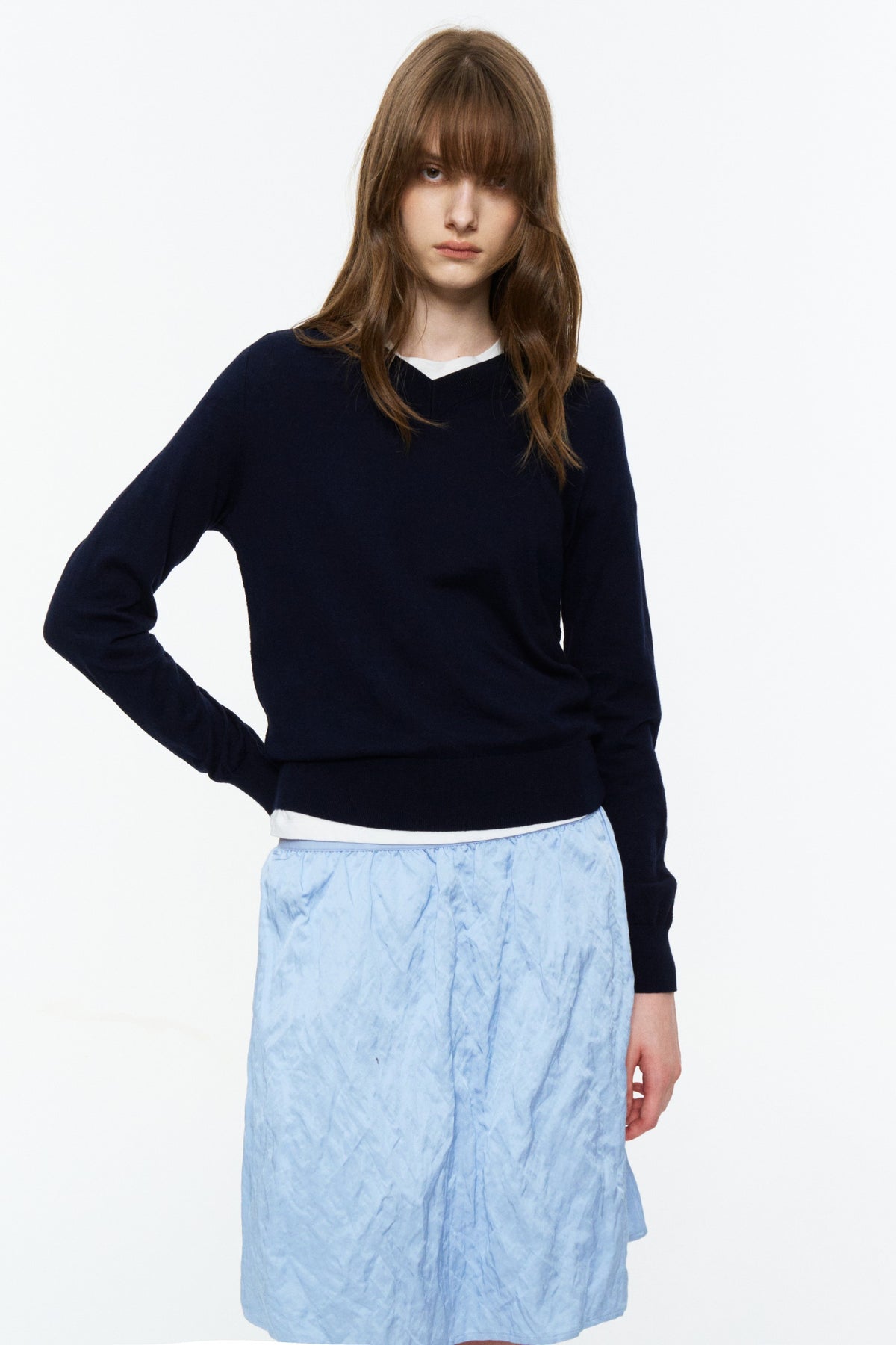 Cashmere-Blend V-Neck Knit Top Navy