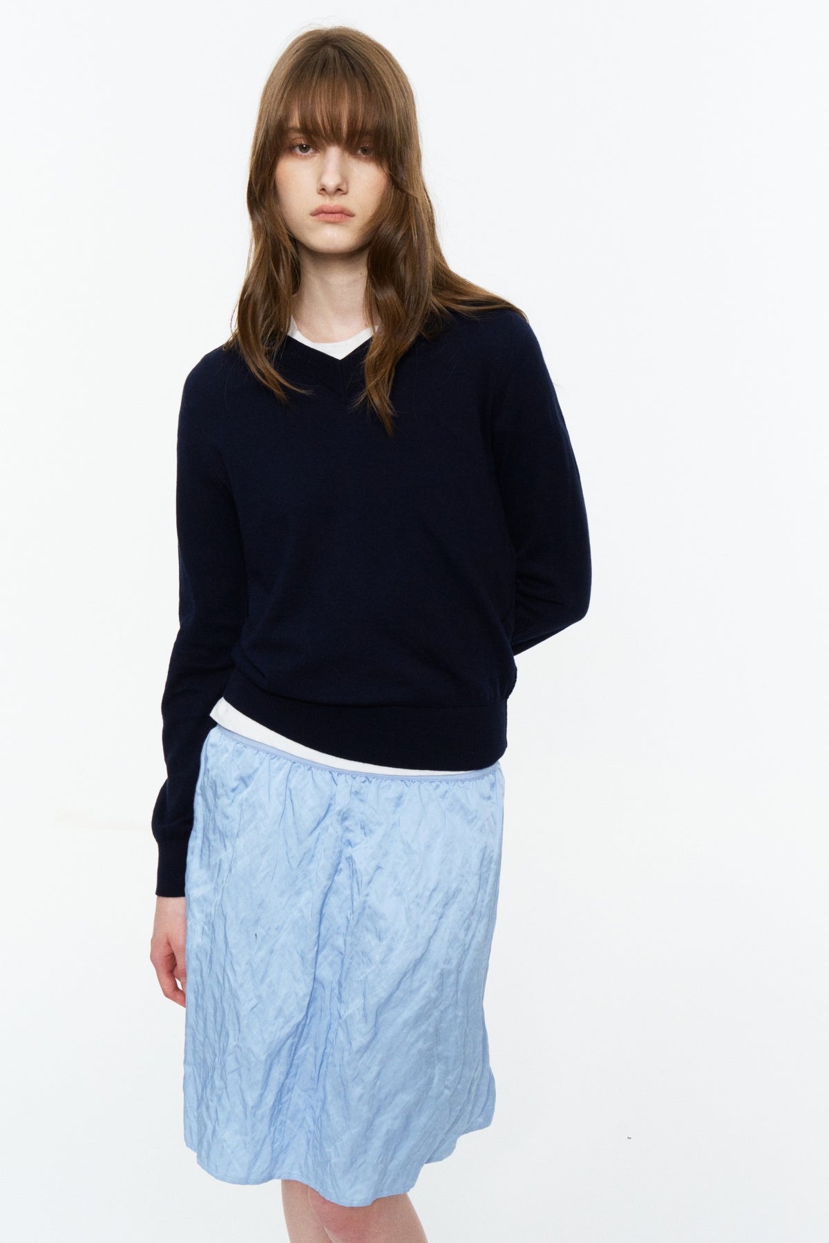 Cashmere-Blend V-Neck Knit Top Navy