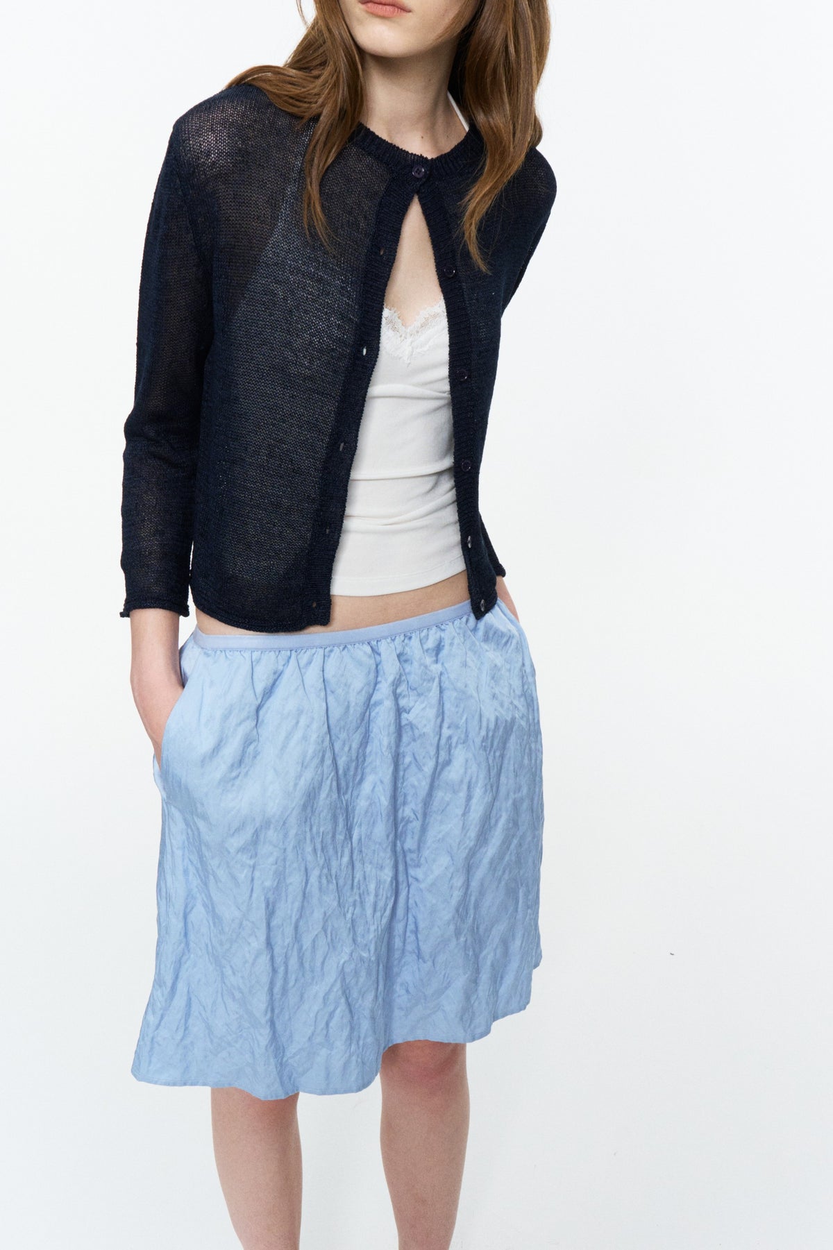 Metallic Crinkle A-Line Skirt Dusty Blue
