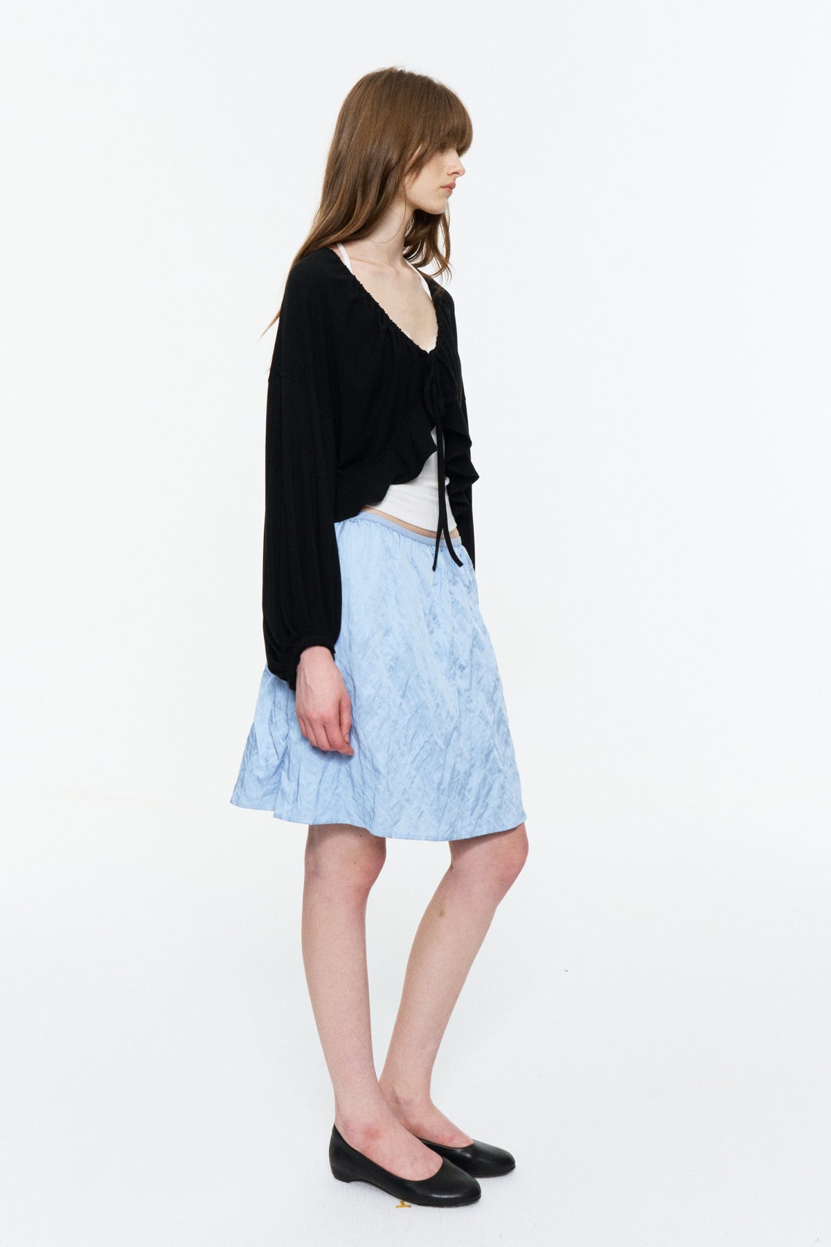 Ruffled Drawstring Lightweight Knit Cardigan Black