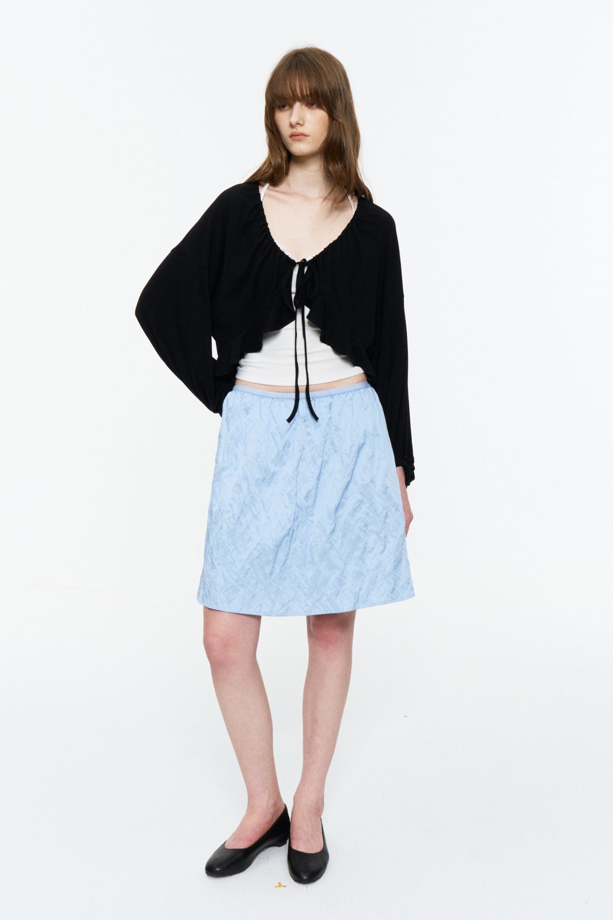 Ruffled Drawstring Lightweight Knit Cardigan Black