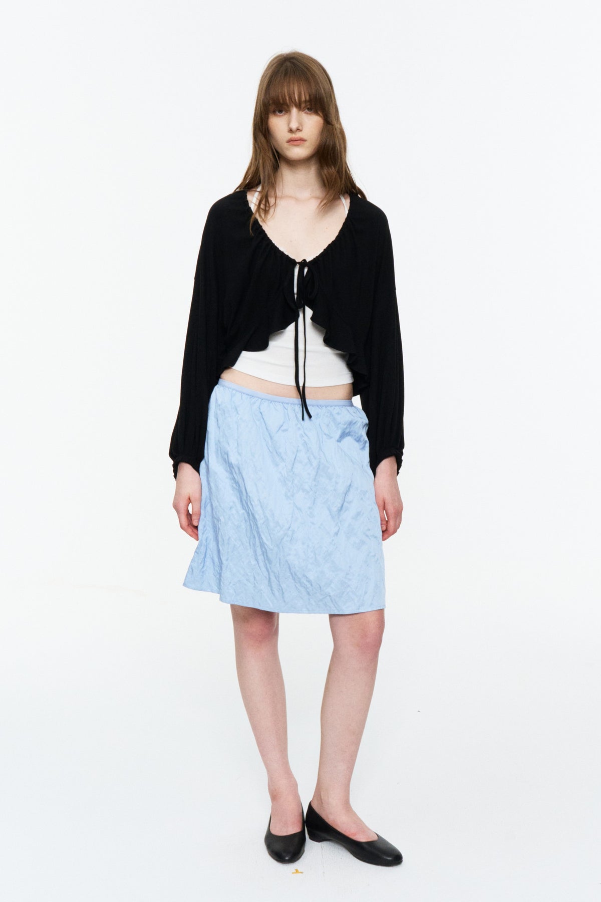 Ruffled Drawstring Lightweight Knit Cardigan Black