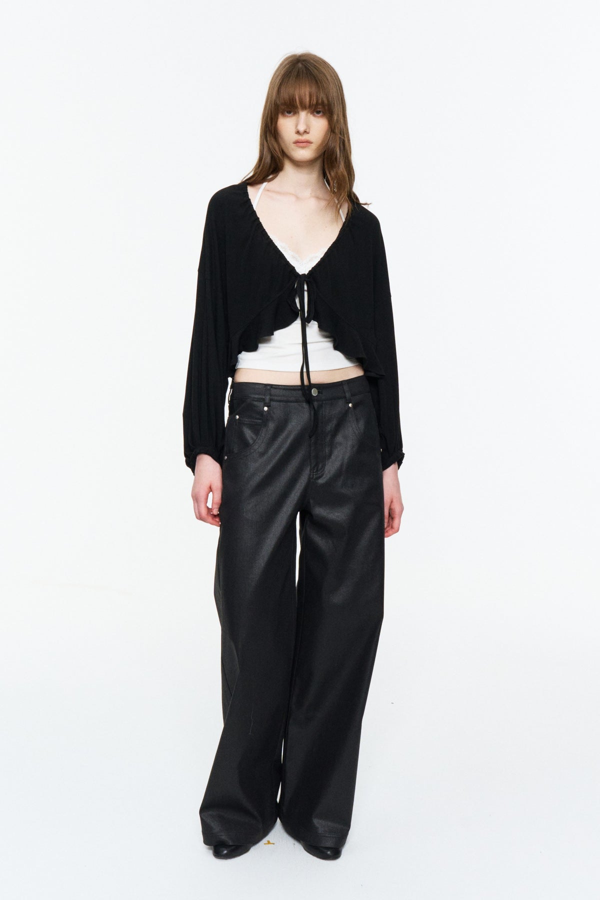 Ruffled Drawstring Lightweight Knit Cardigan Black