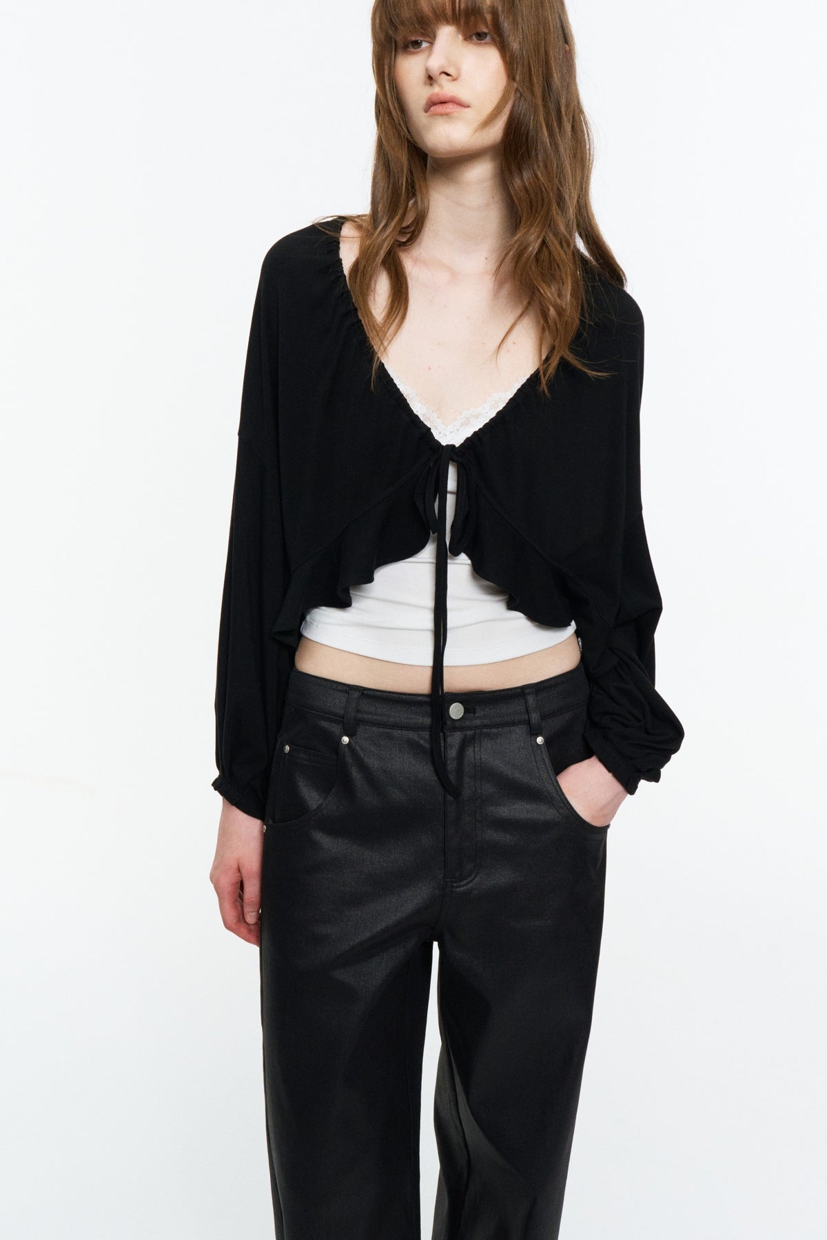 Ruffled Drawstring Lightweight Knit Cardigan Black