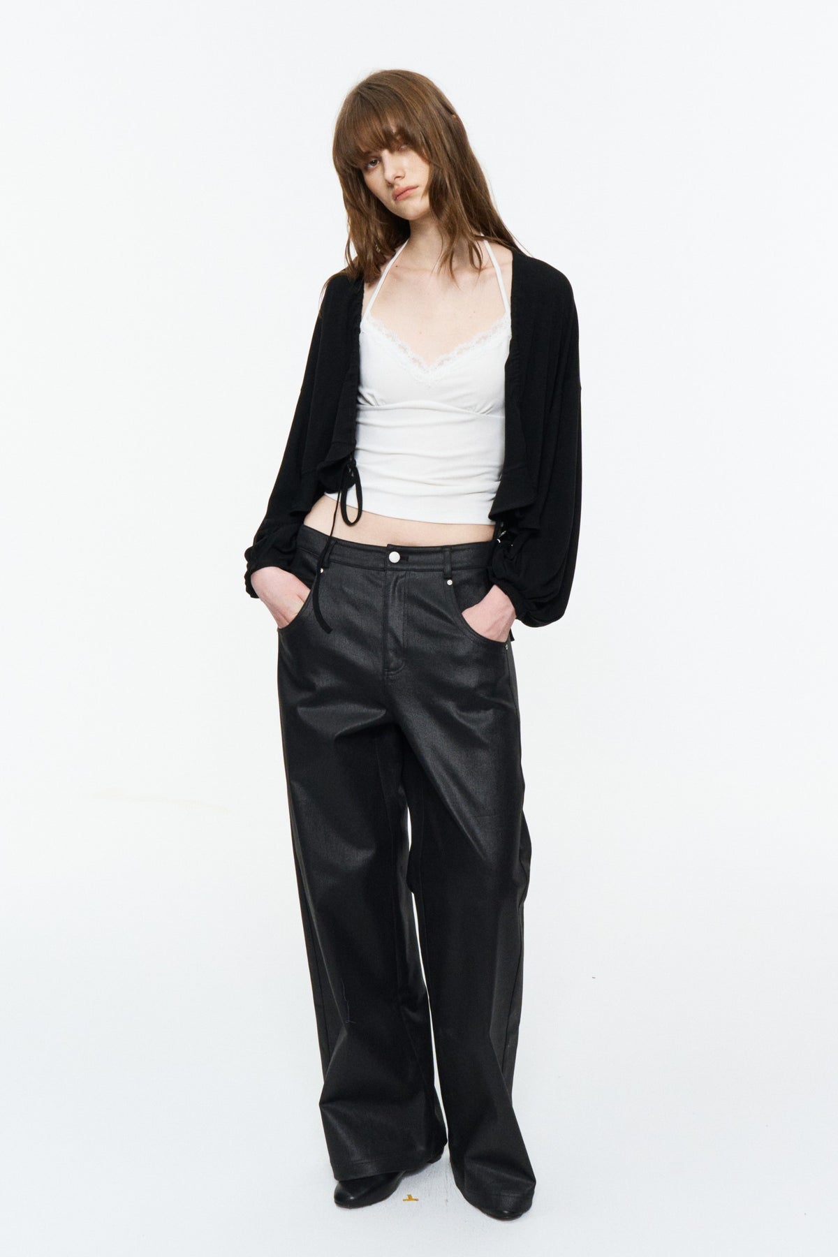 Ruffled Drawstring Lightweight Knit Cardigan Black