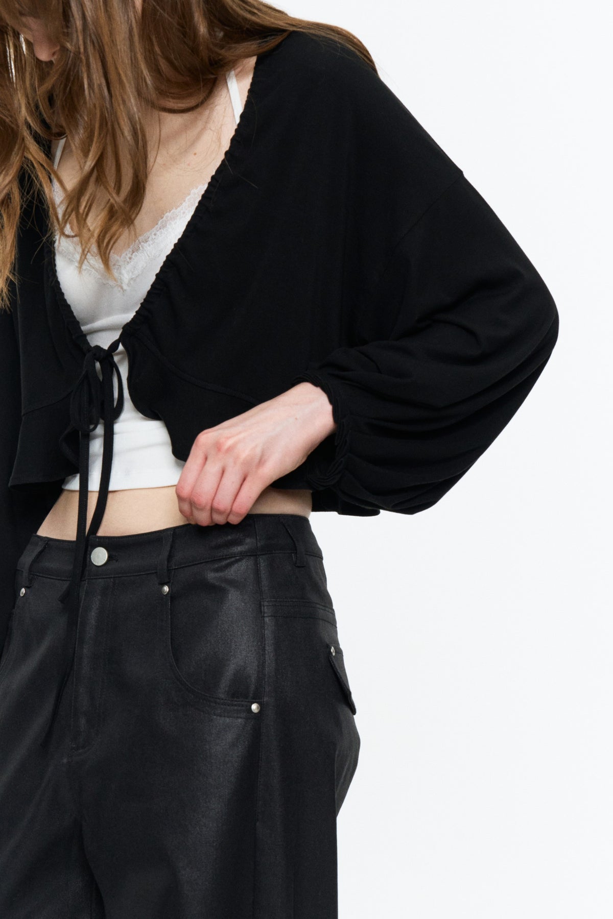 Ruffled Drawstring Lightweight Knit Cardigan Black