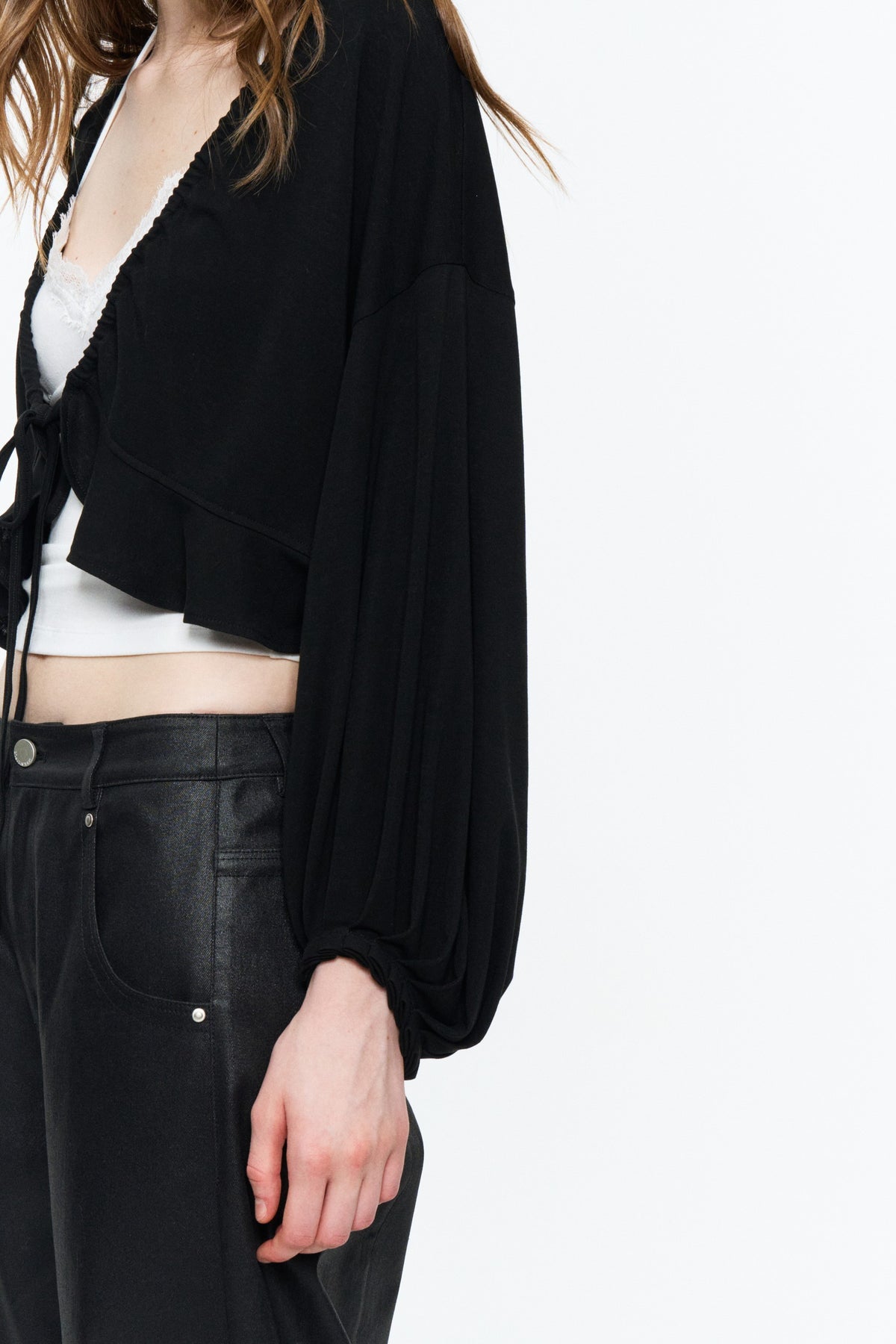 Ruffled Drawstring Lightweight Knit Cardigan Black