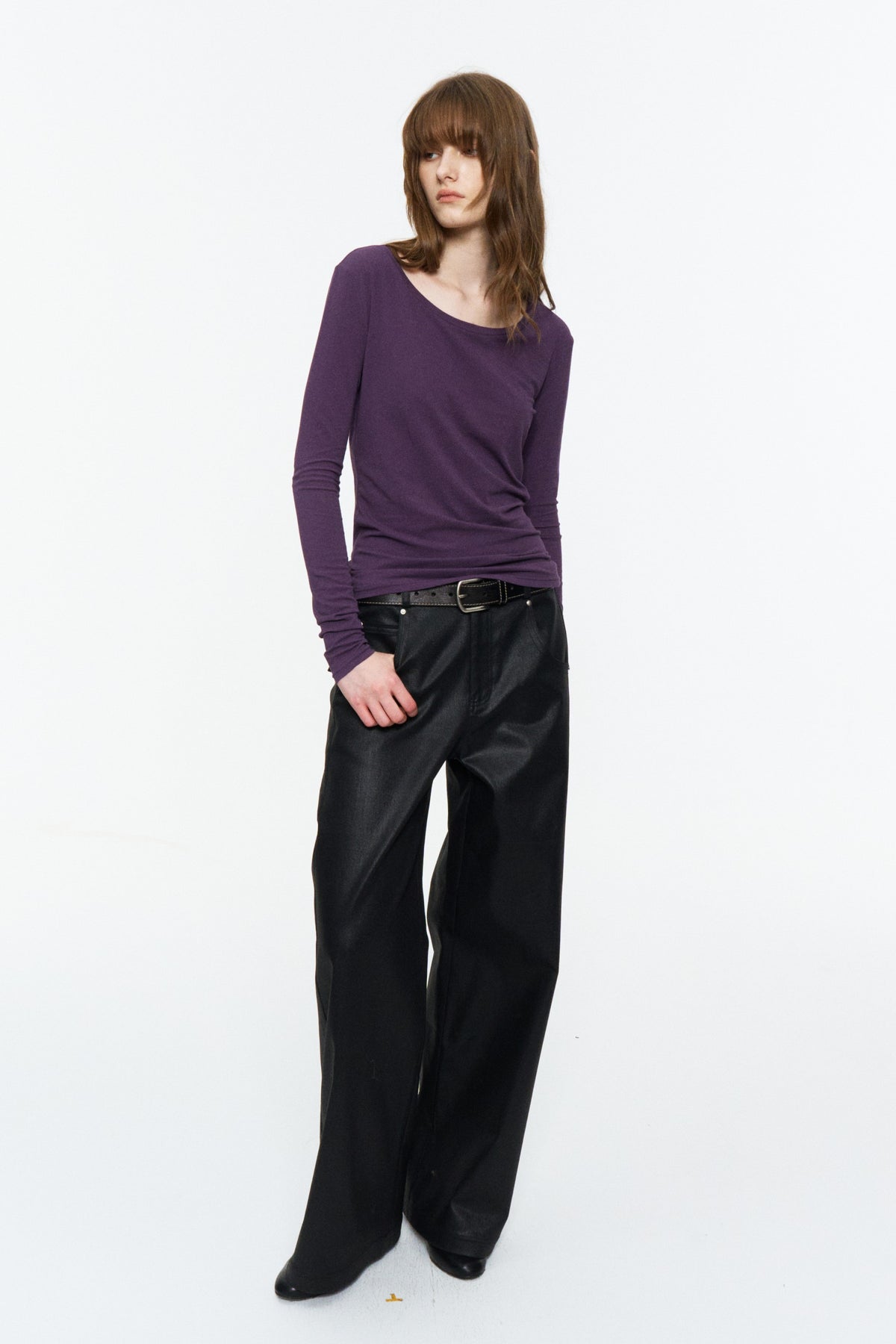 Lightweight Wide U-Neck Fitted Long-Sleeve Tee Purple