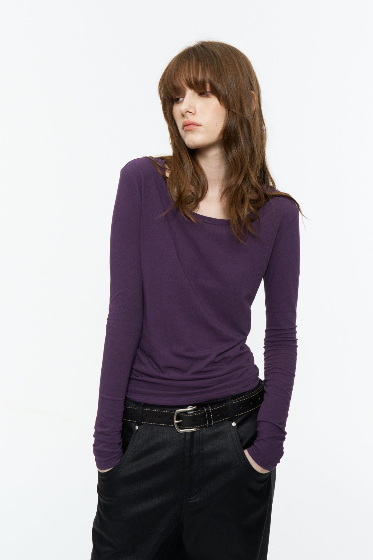 Lightweight Wide U-Neck Fitted Long-Sleeve Tee Purple