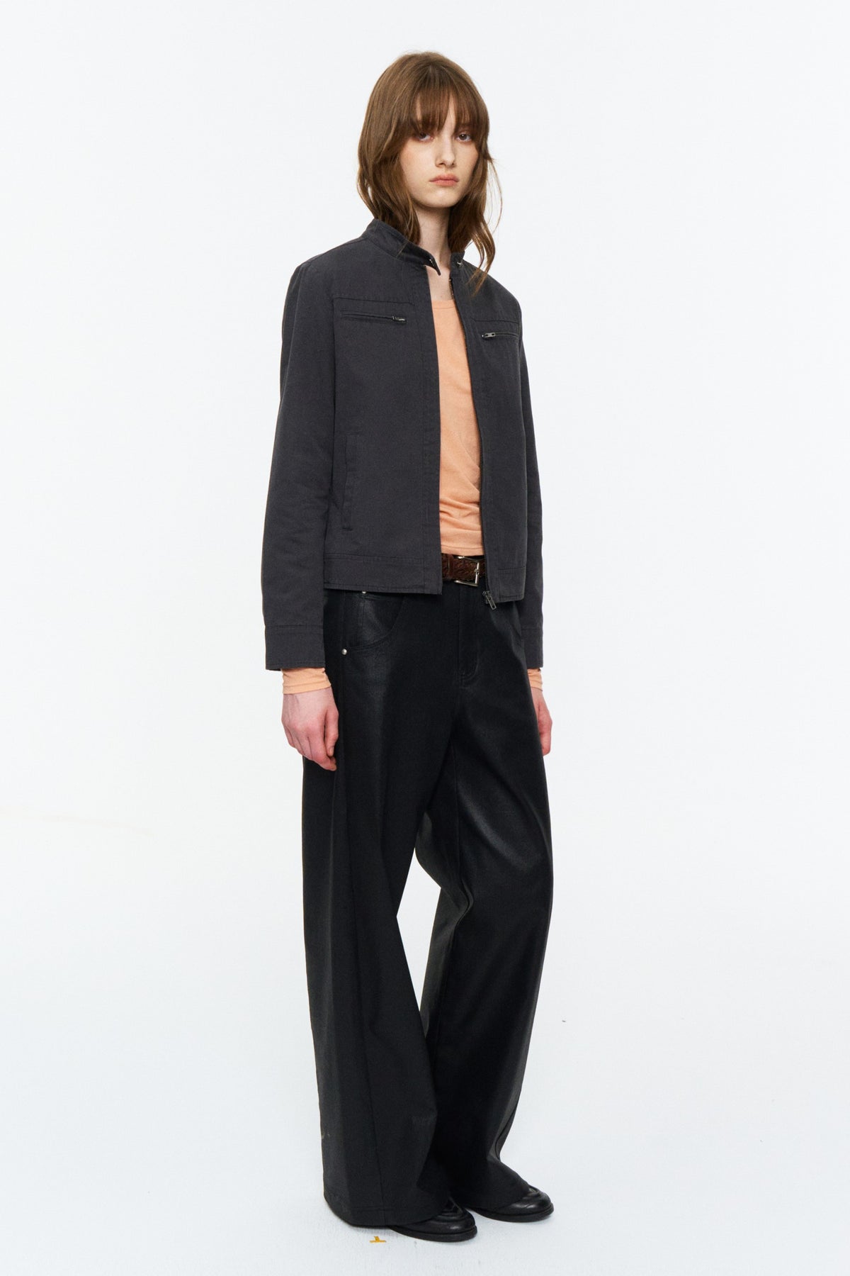 Cropped Stand-Collar Moto Jacket Dark Gray