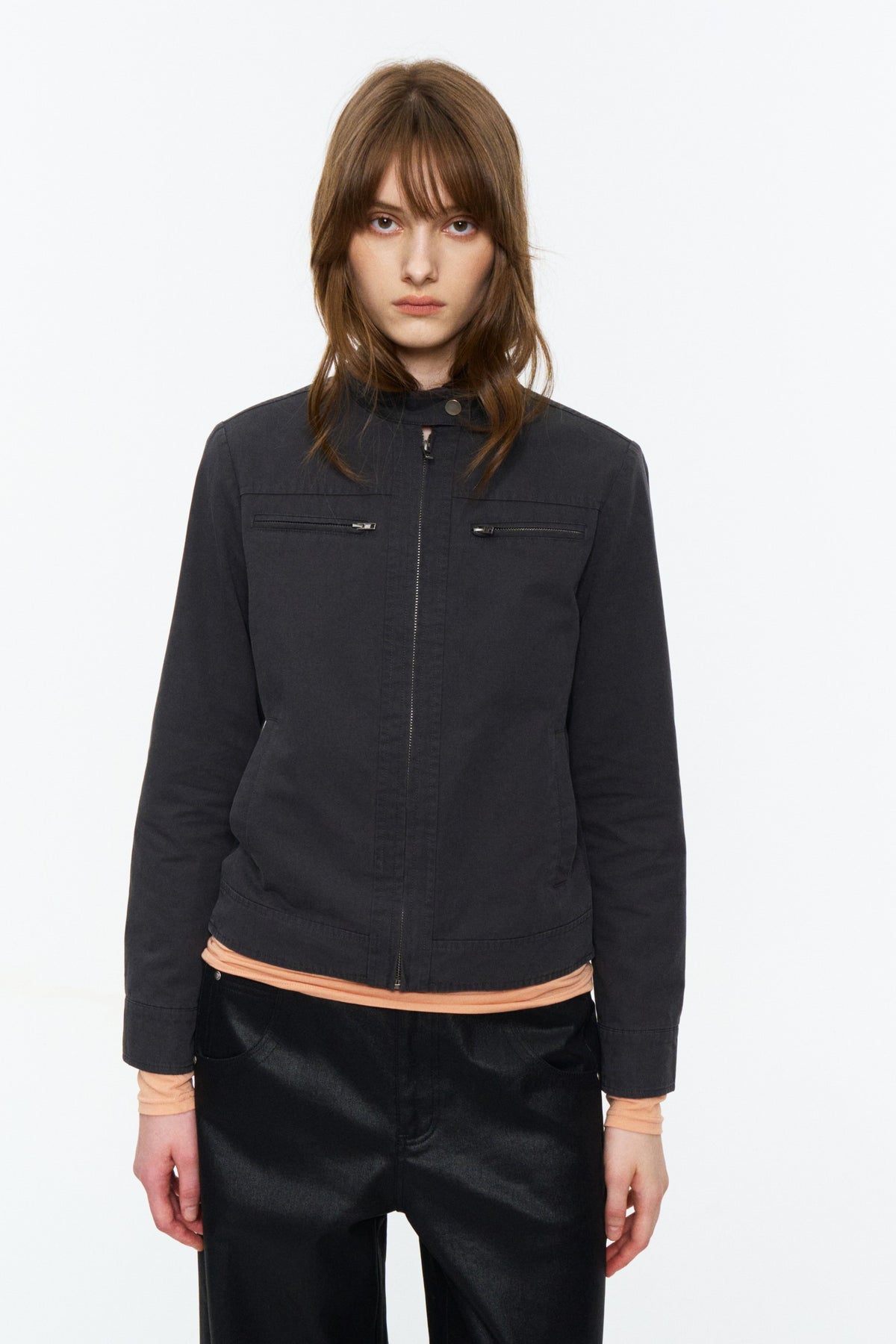 Cropped Stand-Collar Moto Jacket Dark Gray