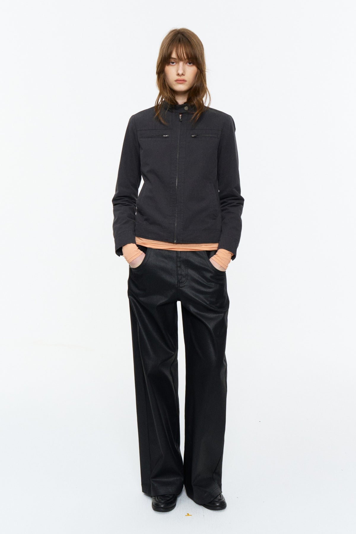 Cropped Stand-Collar Moto Jacket Dark Gray