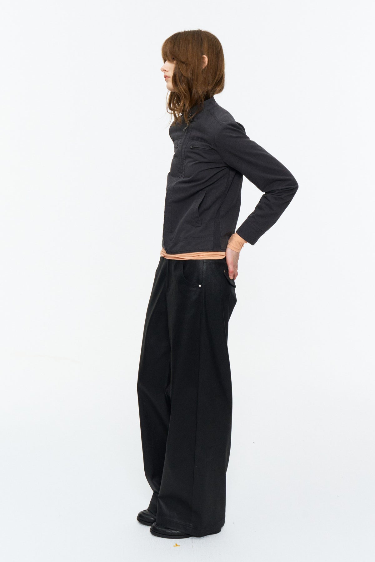 Cropped Stand-Collar Moto Jacket Dark Gray