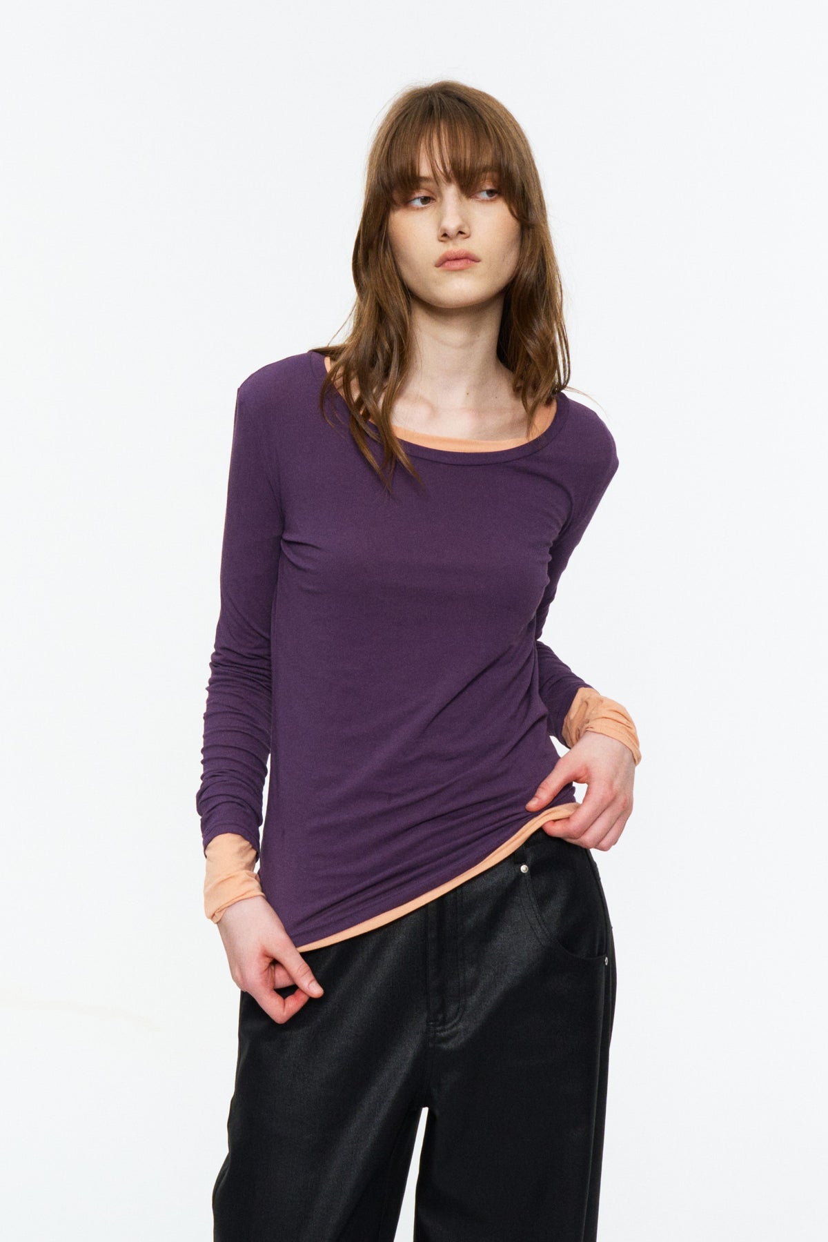 Lightweight Wide U-Neck Fitted Long-Sleeve Tee Purple
