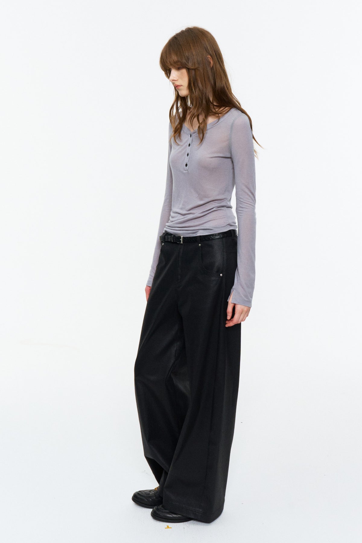 Sheer Henley V-Neck Long-Sleeve Top Light Gray