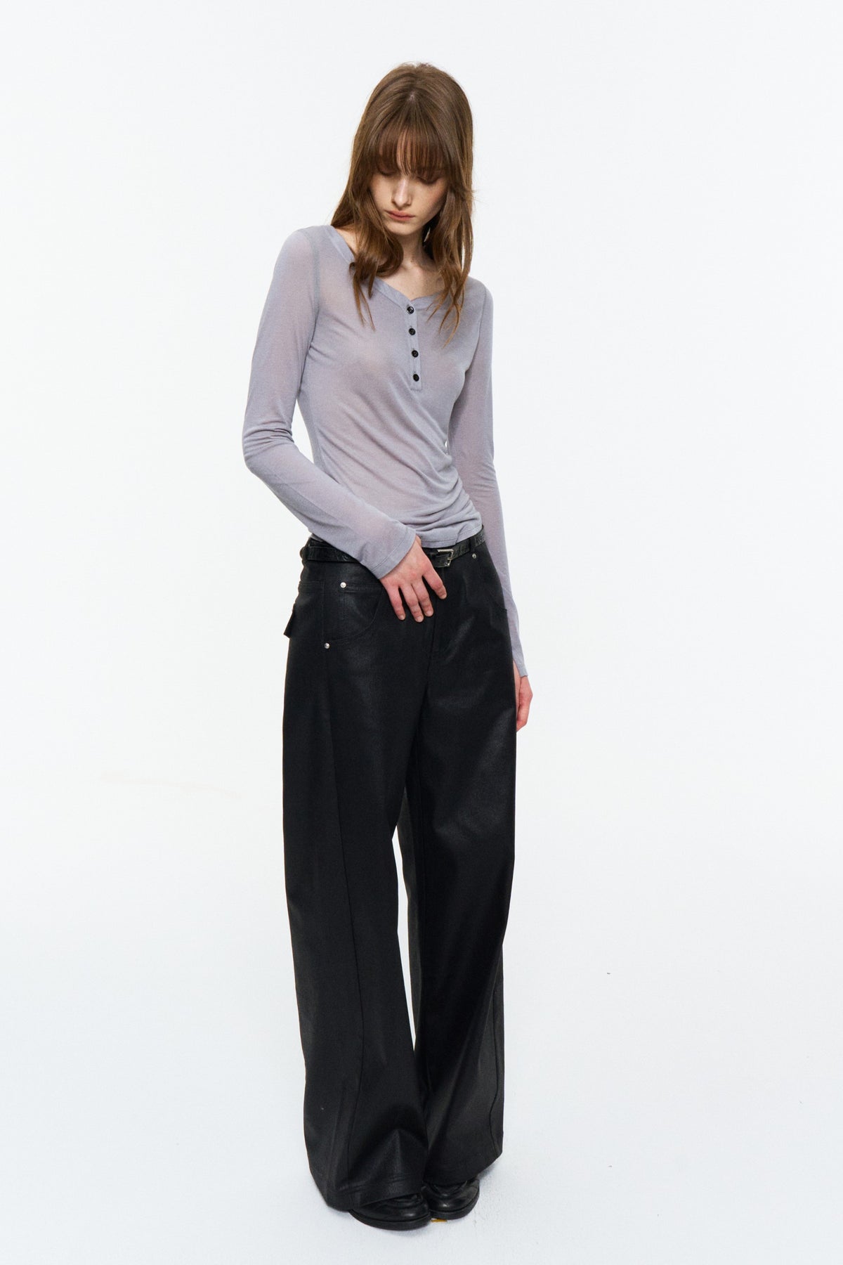 Low-Rise Coated Straight Pants Black