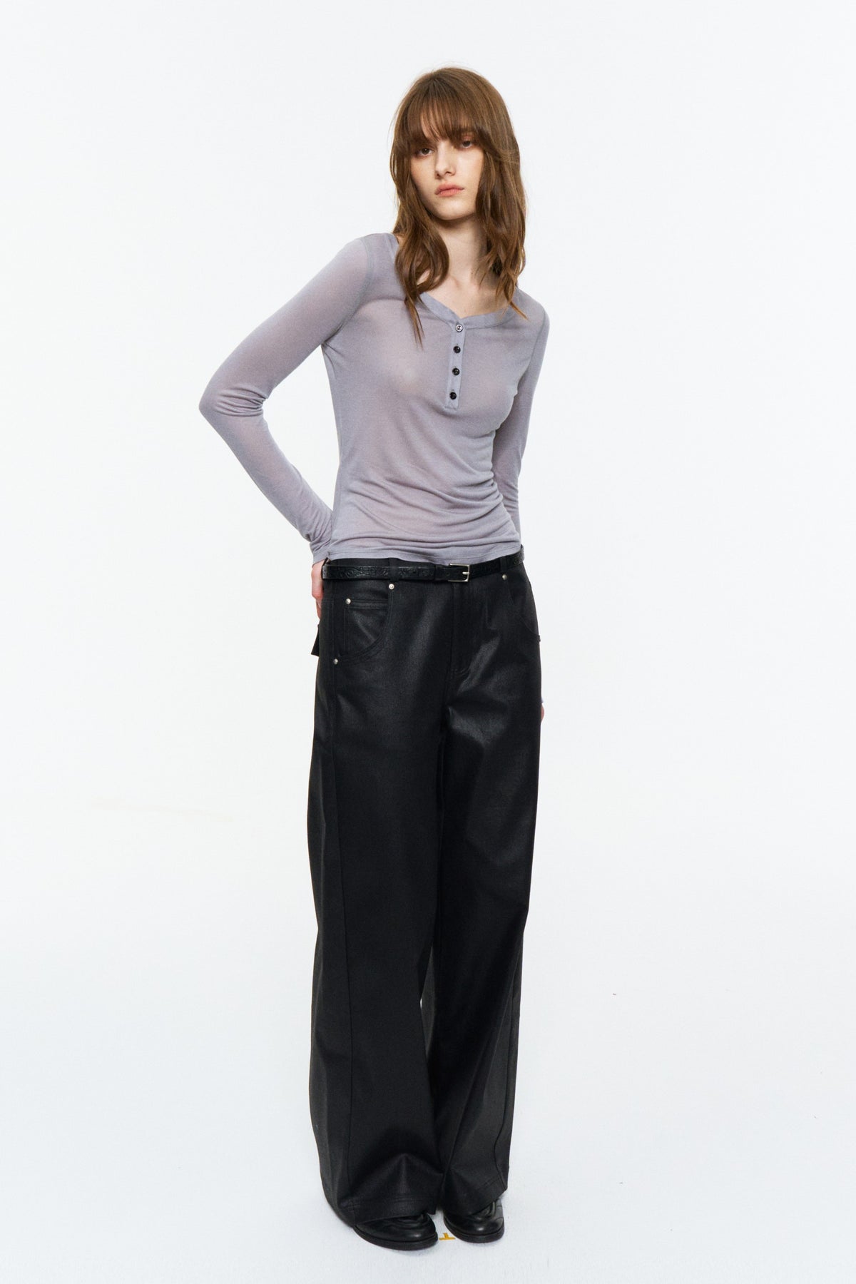 Sheer Henley V-Neck Long-Sleeve Top Light Gray