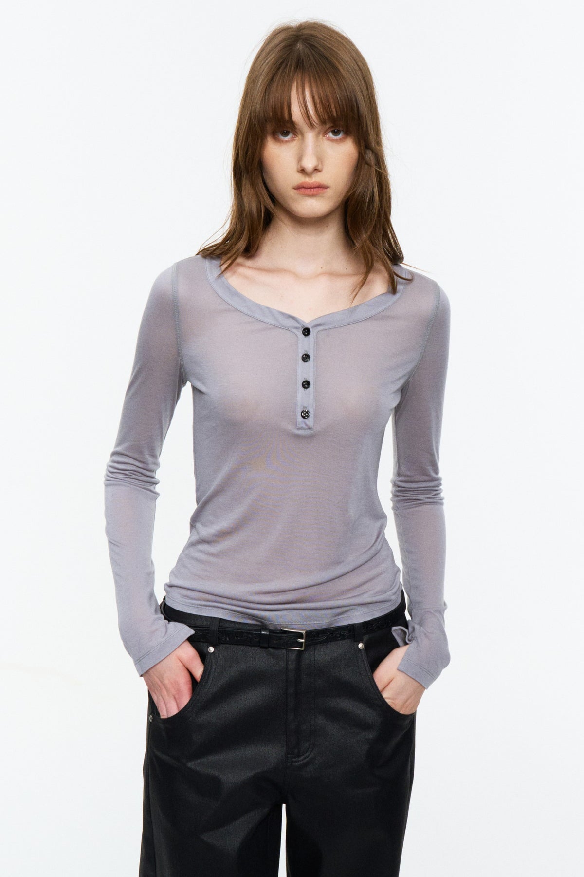 Sheer Henley V-Neck Long-Sleeve Top Light Gray
