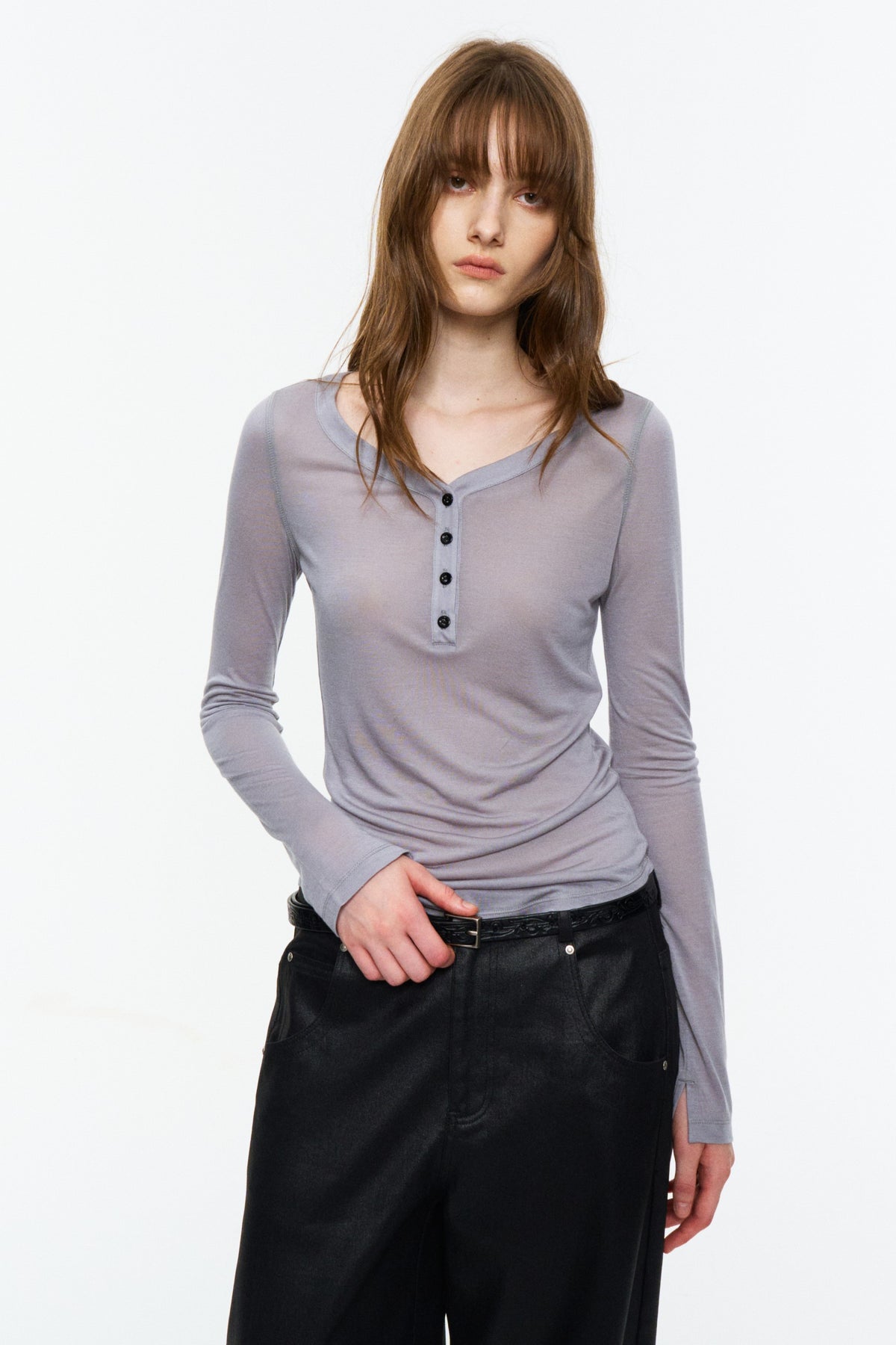 Sheer Henley V-Neck Long-Sleeve Top Light Gray