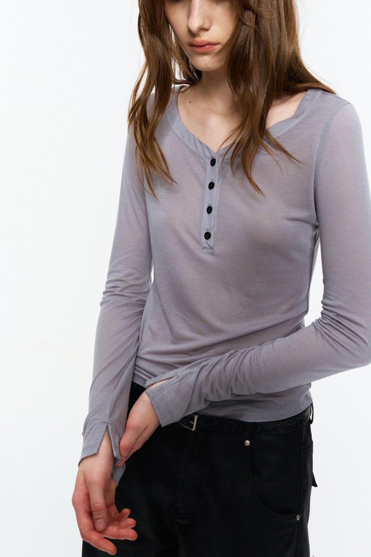 Sheer Henley V-Neck Long-Sleeve Top Light Gray