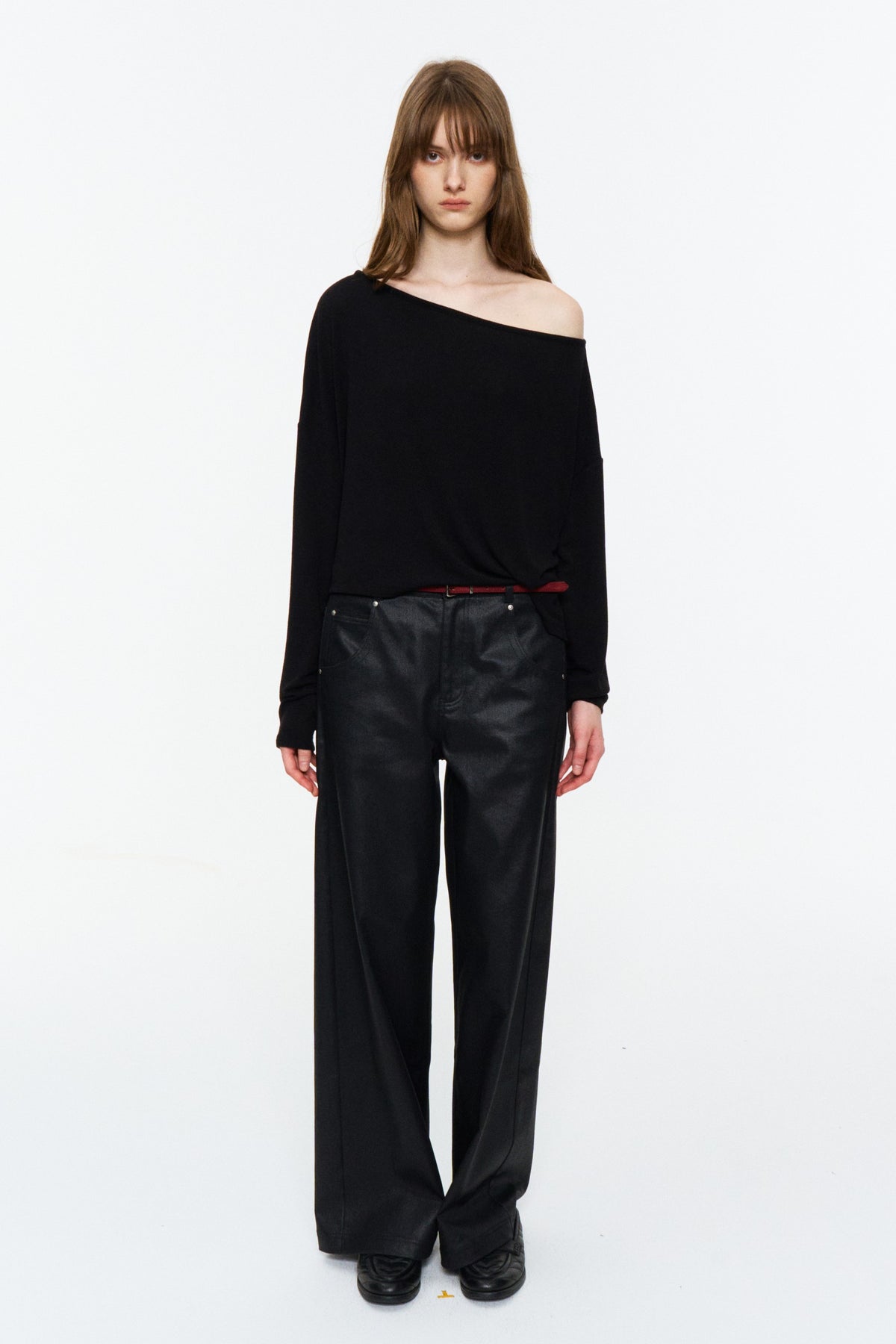 Asymmetric Off-Shoulder Relaxed Knit Top Black