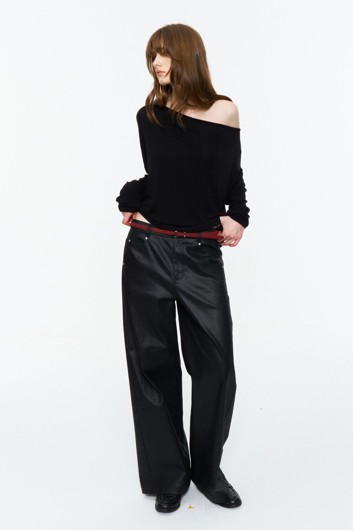 Asymmetric Off-Shoulder Relaxed Knit Top Black