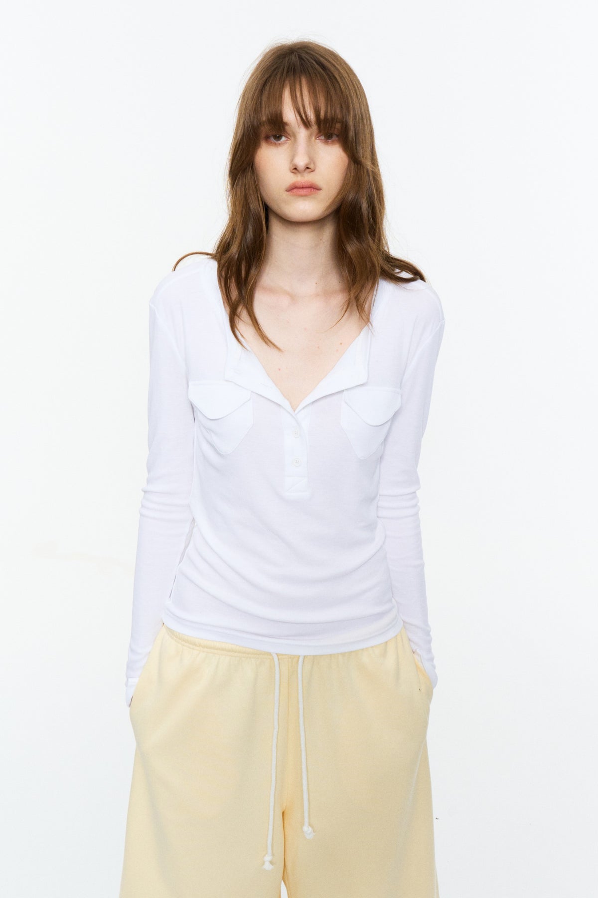 Patch-Pocket Henley Long-Sleeve Tee Cloud White