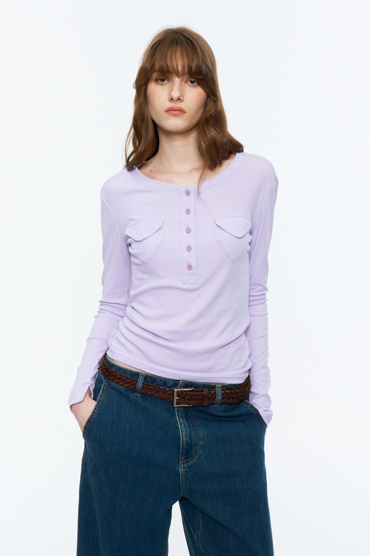 Patch-Pocket Henley Long-Sleeve Tee Light Lilac