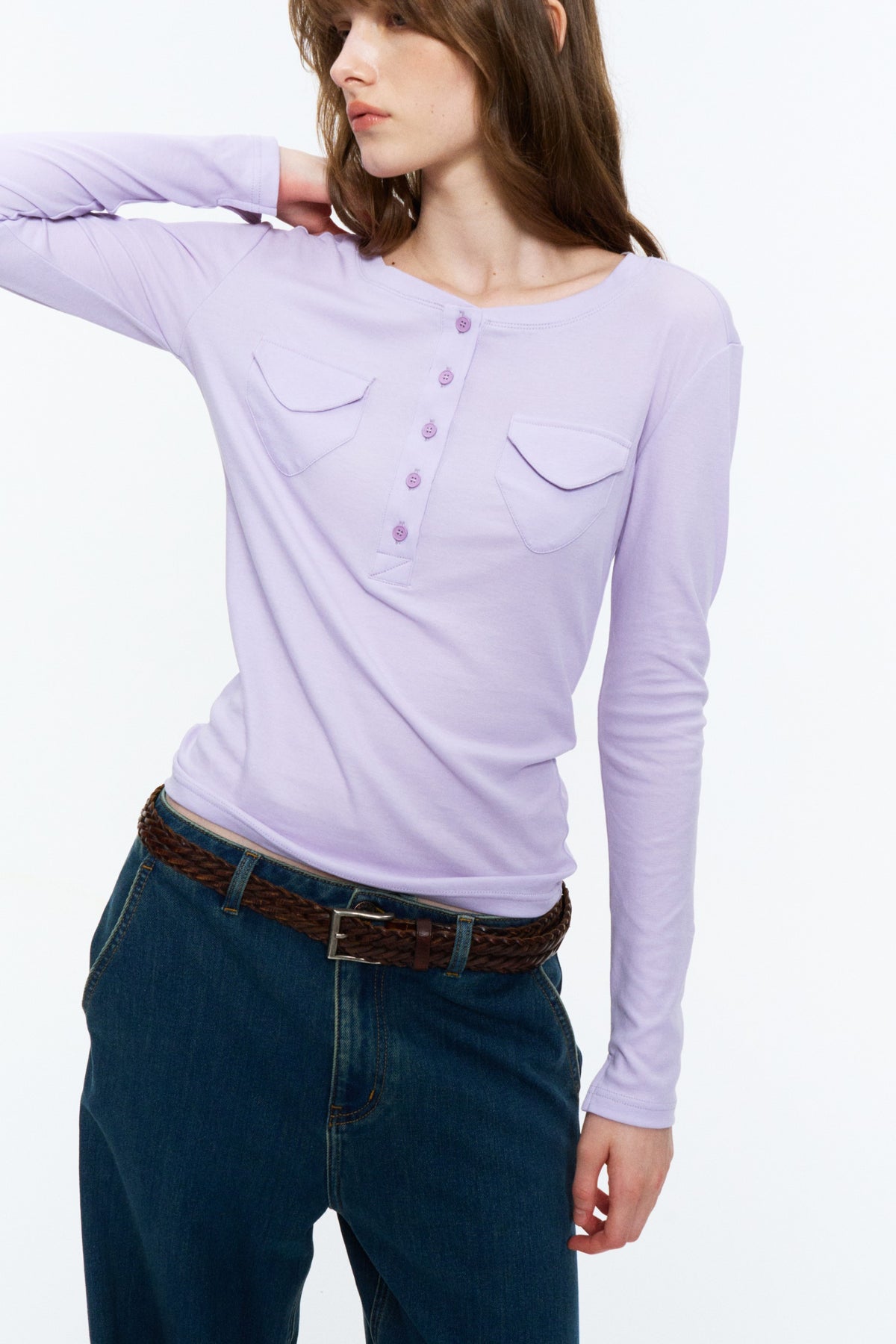 Patch-Pocket Henley Long-Sleeve Tee Light Lilac