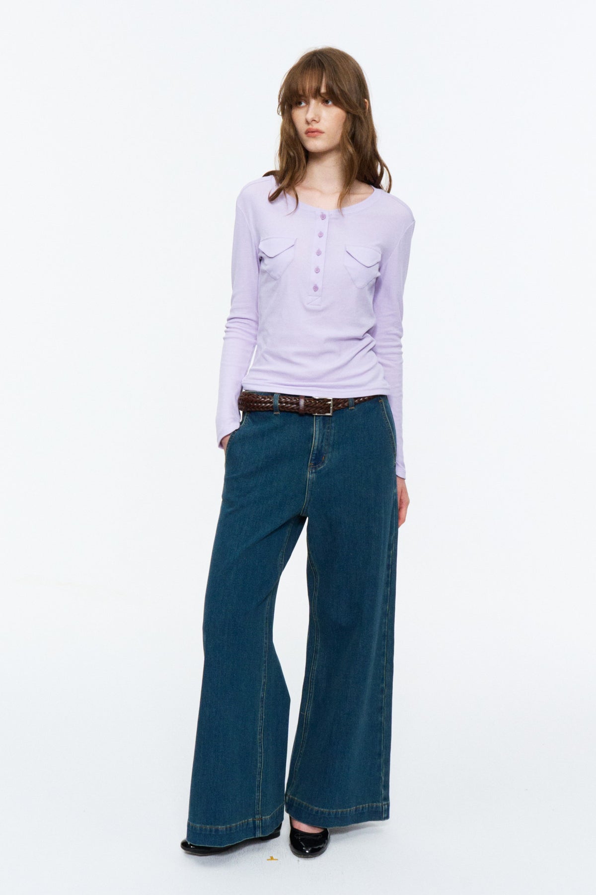 Patch-Pocket Henley Long-Sleeve Tee Light Lilac