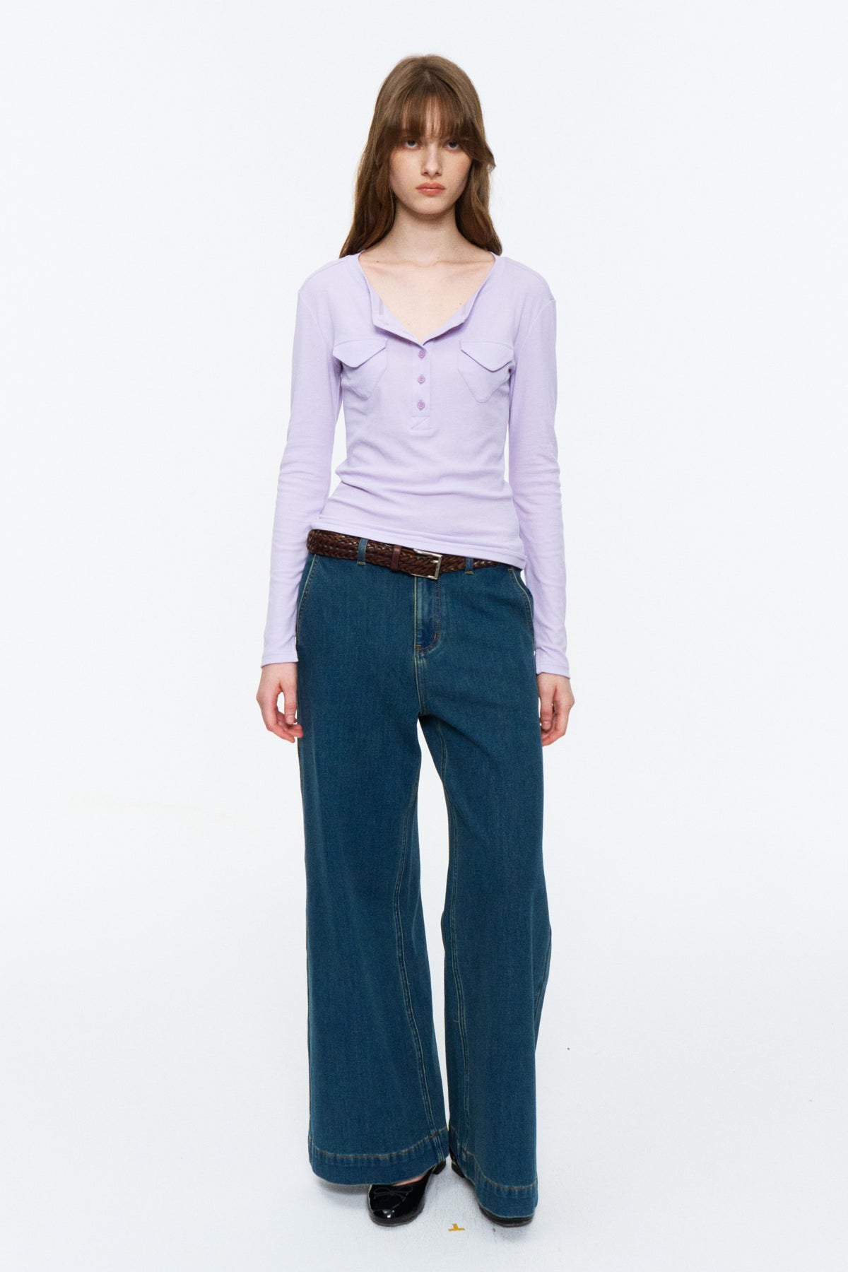 Patch-Pocket Henley Long-Sleeve Tee Light Lilac
