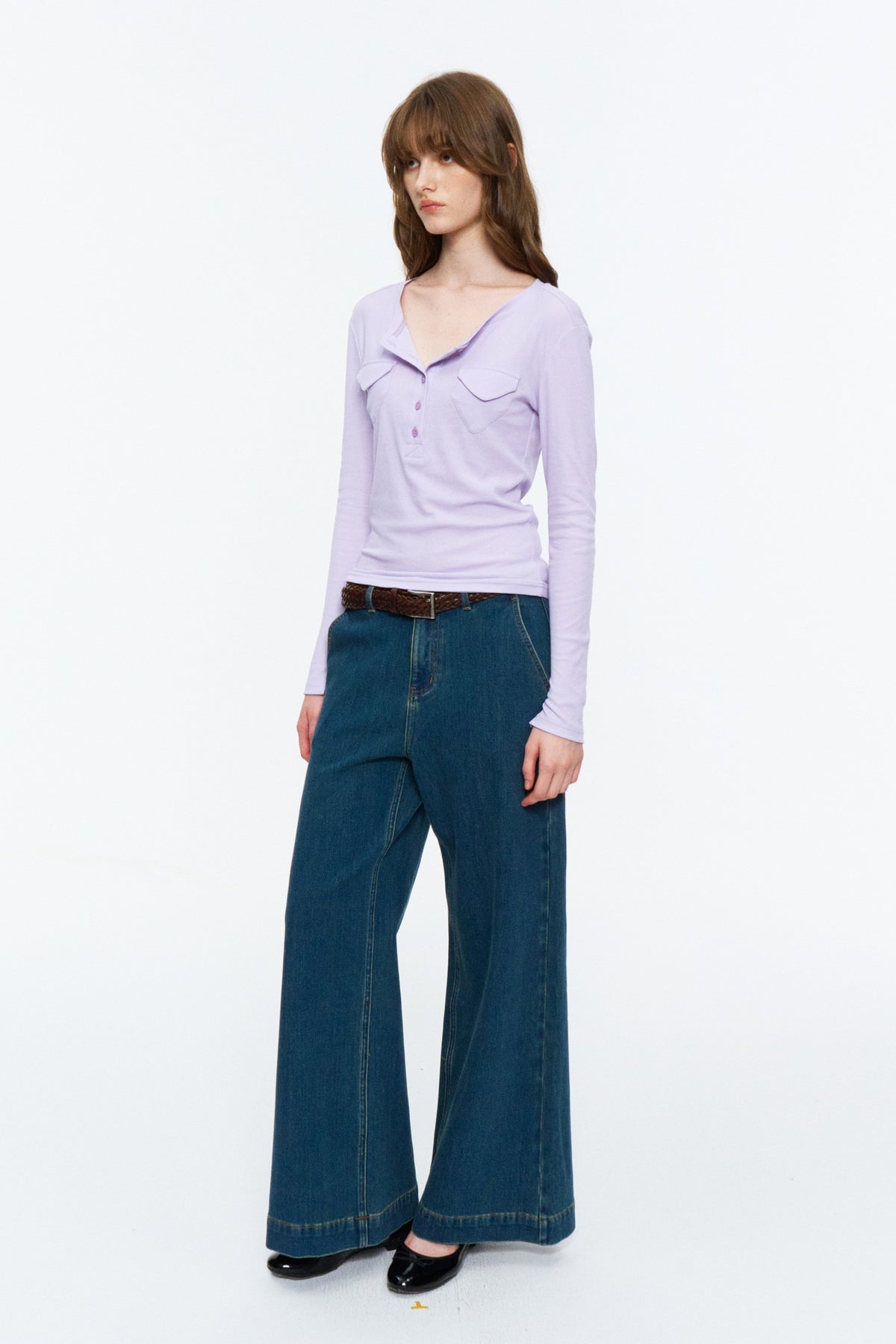 Patch-Pocket Henley Long-Sleeve Tee Light Lilac