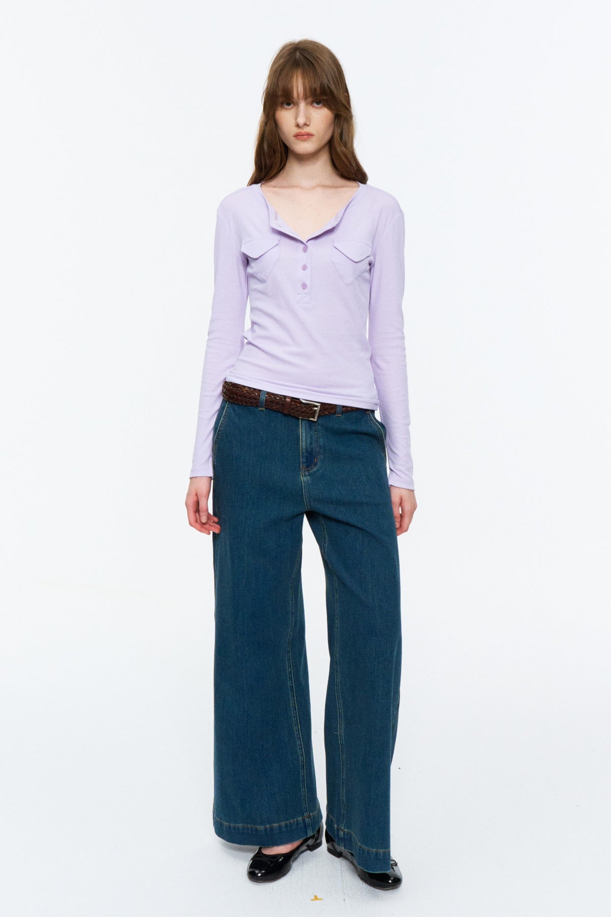 Patch-Pocket Henley Long-Sleeve Tee Light Lilac