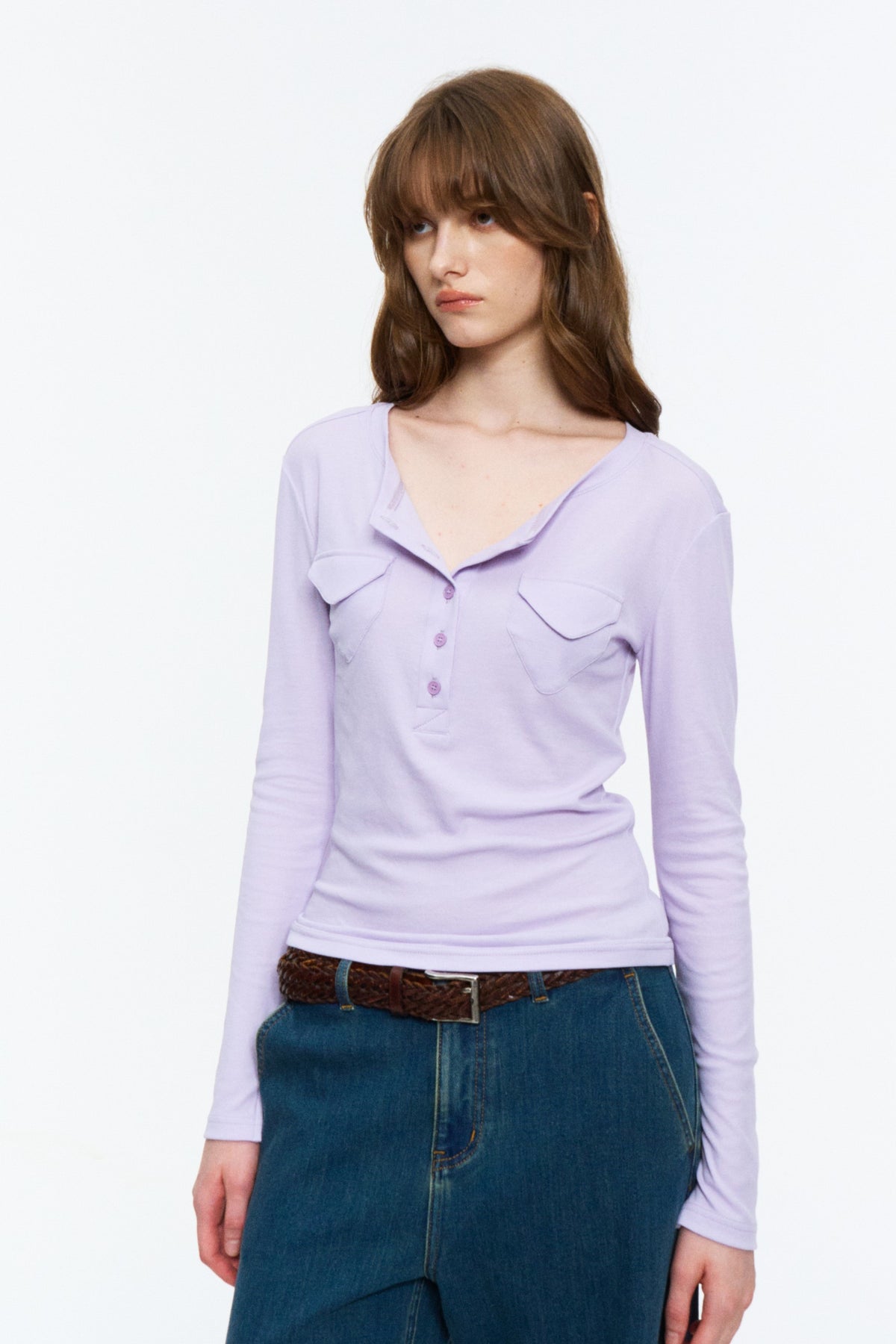 Patch-Pocket Henley Long-Sleeve Tee Light Lilac