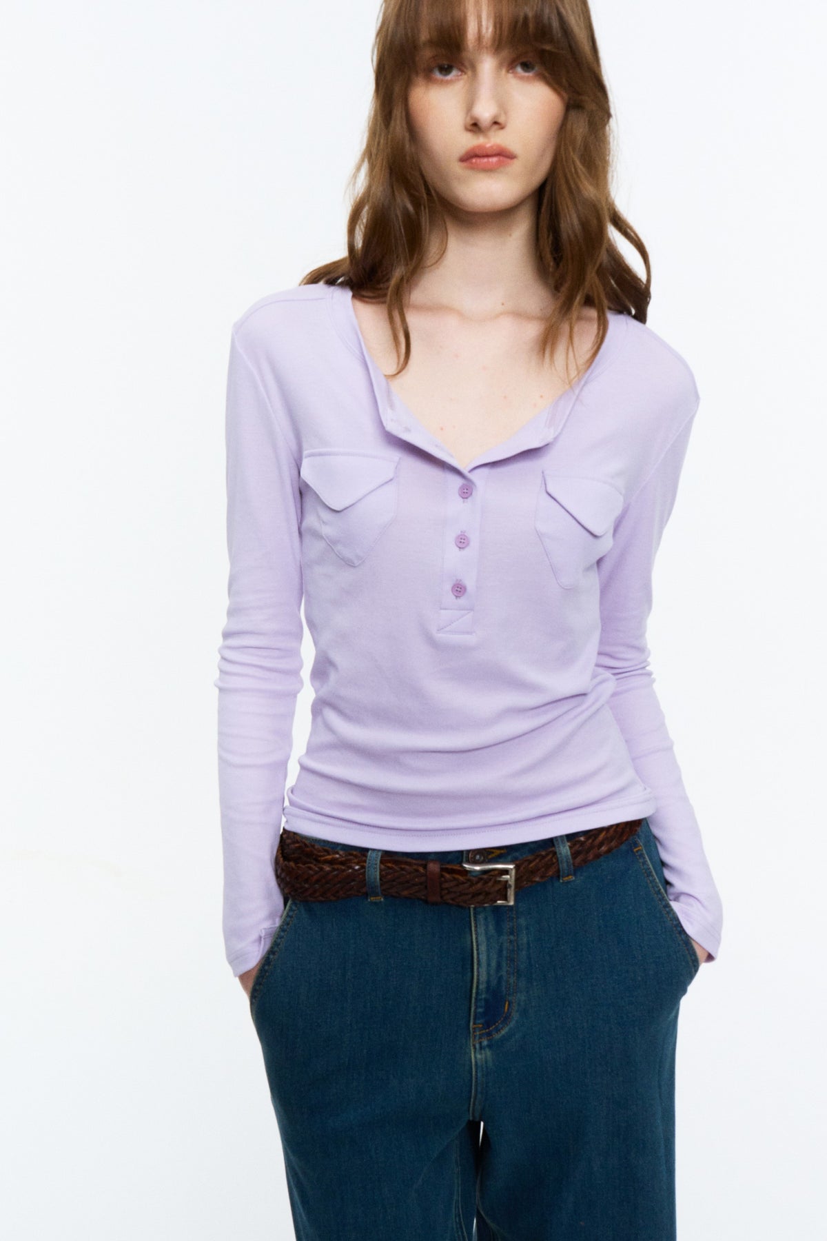 Patch-Pocket Henley Long-Sleeve Tee Light Lilac