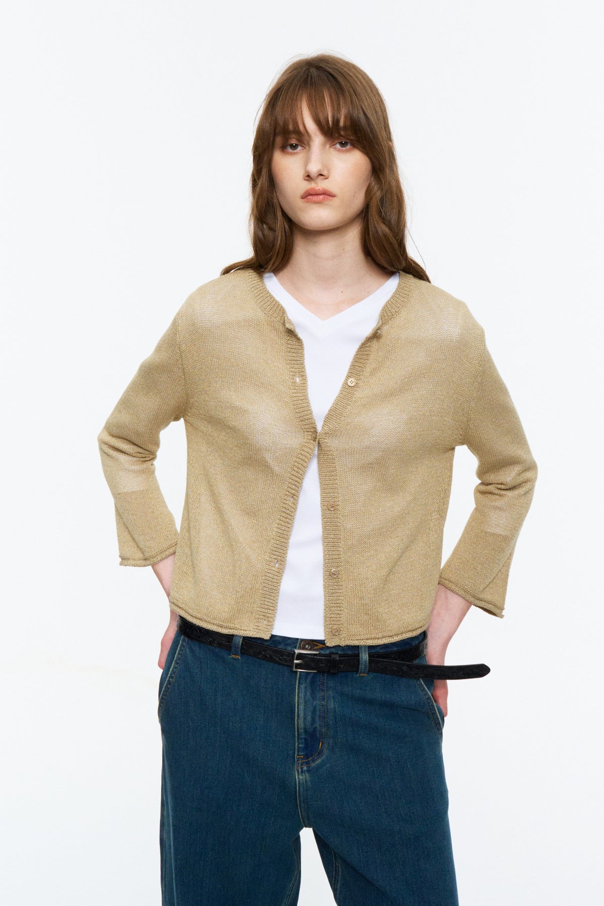 Paper-Yarn Bracelet-Sleeve Cardigan Oatmeal