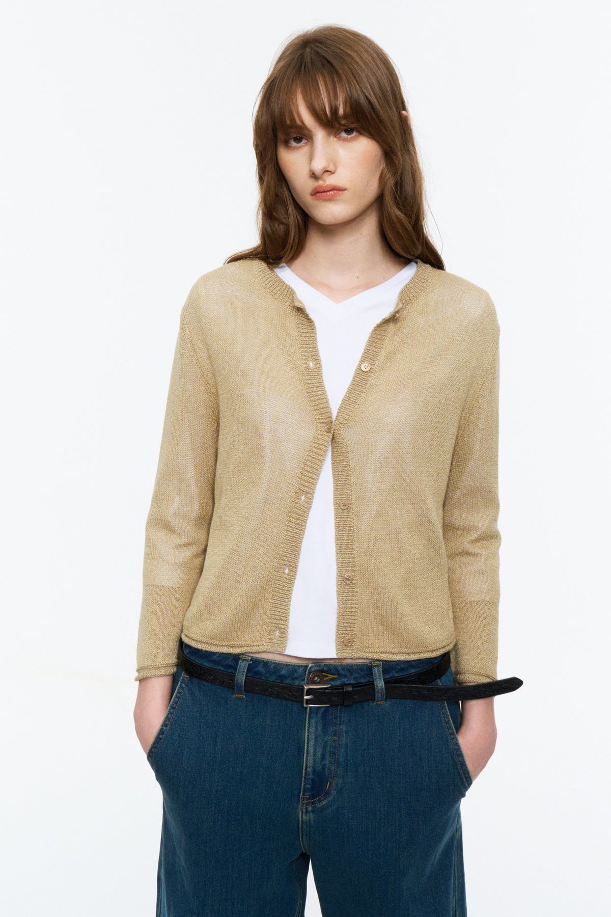 Paper-Yarn Bracelet-Sleeve Cardigan Oatmeal