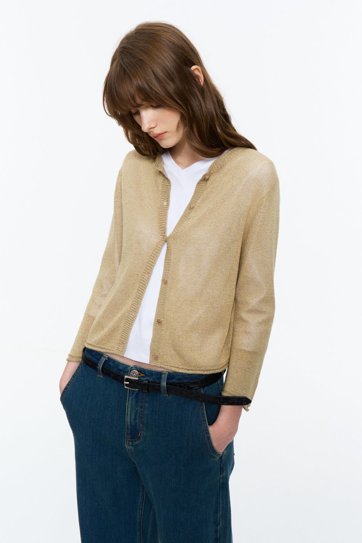 Paper-Yarn Bracelet-Sleeve Cardigan Oatmeal